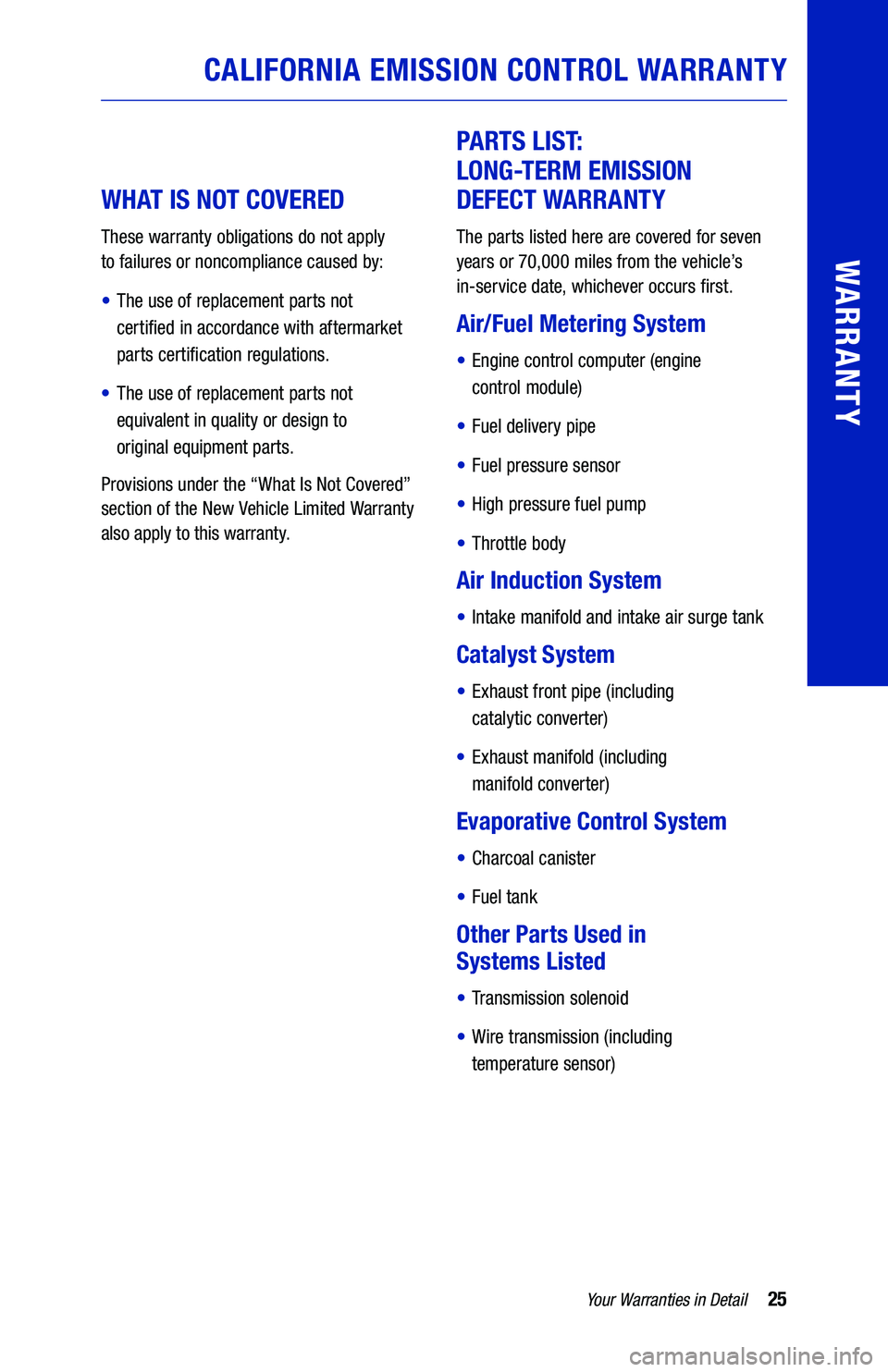 TOYOTA AVALON 2019  Warranties & Maintenance Guides (in English) 25Your Warranties in Detail
WARRANTY
WHAT IS NOT COVERED 
These warranty obligations do not apply  
to failures or noncompliance caused by:
•   
The use of replacement parts not   
certified in acco