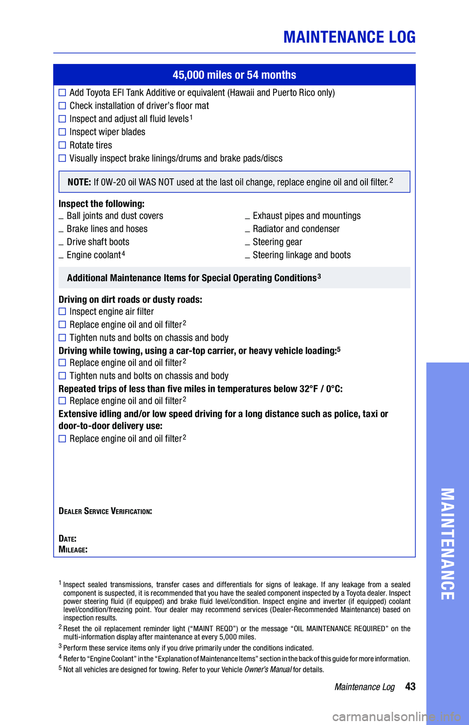 TOYOTA AVALON 2019 Warranties & Maintenance Guides (in English) 43Maintenance Log
MAINTENANCE LOG
MAINTENANCE
45,000 miles or 54 months
Add Toyota EFI Tank Additive or equivalent (Hawaii and Puerto Rico only)
Check installation of driver’s floor mat
Inspect and TOYOTA AVALON 2019 Warranties & Maintenance Guides (in English) 43Maintenance Log
MAINTENANCE LOG
MAINTENANCE
45,000 miles or 54 months
Add Toyota EFI Tank Additive or equivalent (Hawaii and Puerto Rico only)
Check installation of driver’s floor mat
Inspect and