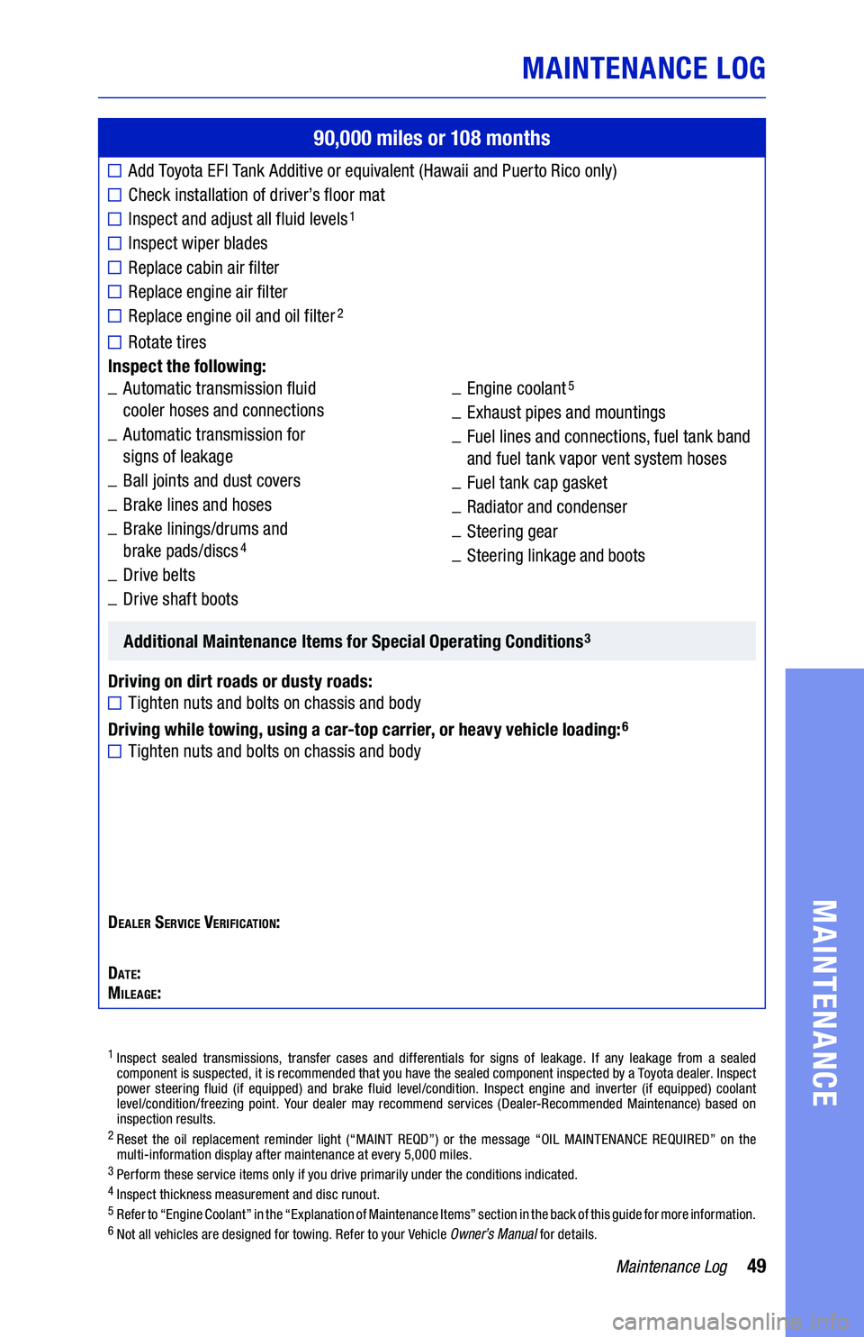 TOYOTA AVALON 2019 Warranties & Maintenance Guides (in English) 49Maintenance Log
MAINTENANCE LOG
MAINTENANCE
90,000 miles or 108 months
Add Toyota EFI Tank Additive or equivalent (Hawaii and Puerto Rico only)
Check installation of driver’s floor mat
Inspect and TOYOTA AVALON 2019 Warranties & Maintenance Guides (in English) 49Maintenance Log
MAINTENANCE LOG
MAINTENANCE
90,000 miles or 108 months
Add Toyota EFI Tank Additive or equivalent (Hawaii and Puerto Rico only)
Check installation of driver’s floor mat
Inspect and