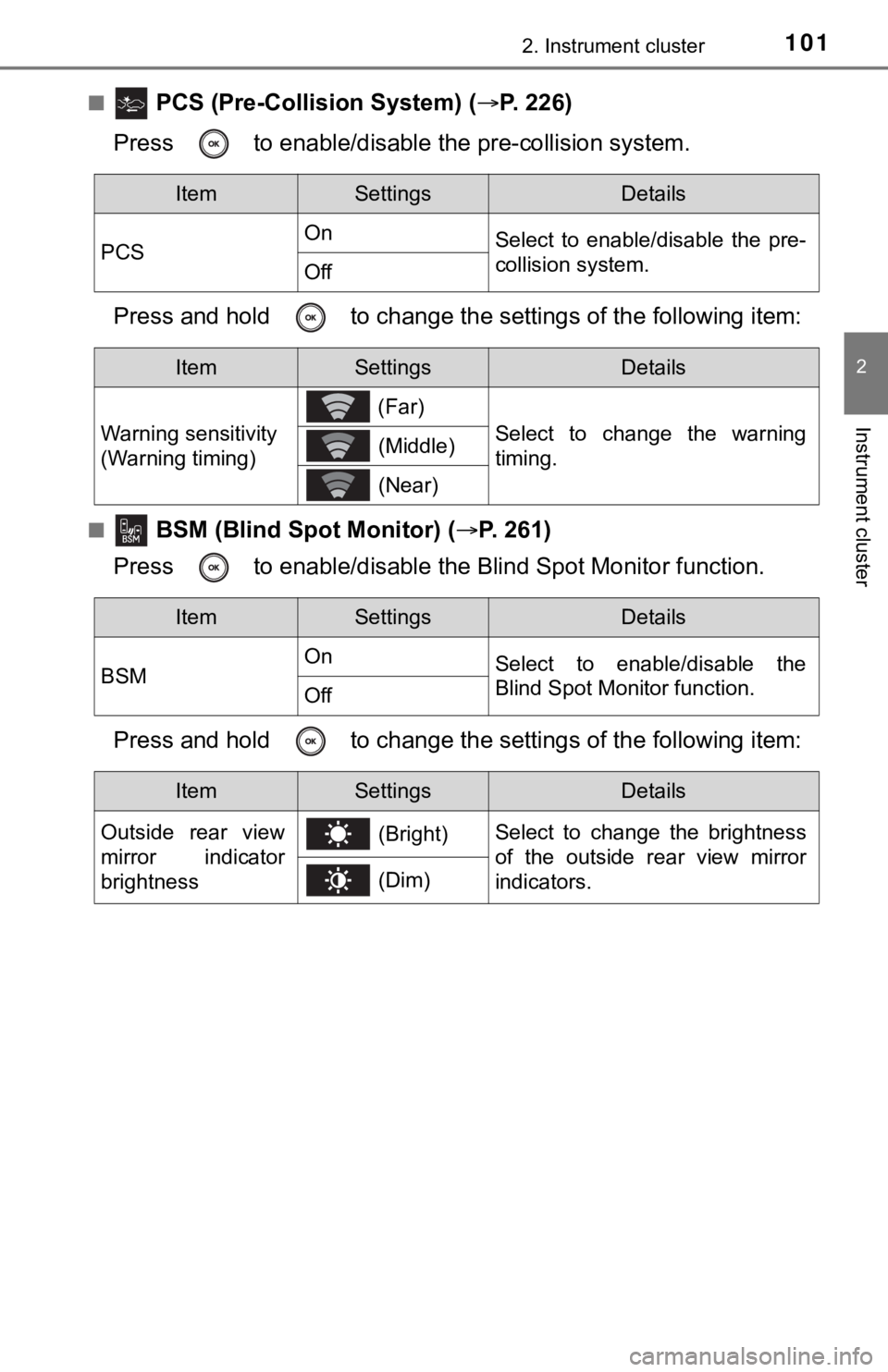 TOYOTA AVALON 2020 Owners Manual (in English) 1012. Instrument cluster
2
Instrument cluster
■ PCS (Pre-Collision System) (P. 226)
Press to enable/disable the pre-collision system.
Press and hold to c hange the settings of the following TOYOTA AVALON 2020 Owners Manual (in English) 1012. Instrument cluster
2
Instrument cluster
■ PCS (Pre-Collision System) (P. 226)
Press to enable/disable the pre-collision system.
Press and hold to c hange the settings of the following