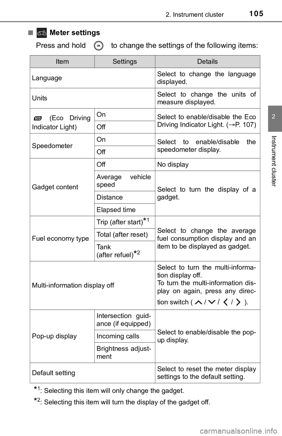 TOYOTA AVALON 2020 Owners Manual (in English) 1052. Instrument cluster
2
Instrument cluster
■ Meter settings
Press and hold to change the se ttings of the following items:
*1: Selecting this item will only change the gadget.
*2: Selecting thi TOYOTA AVALON 2020 Owners Manual (in English) 1052. Instrument cluster
2
Instrument cluster
■ Meter settings
Press and hold to change the se ttings of the following items:
*1: Selecting this item will only change the gadget.
*2: Selecting thi