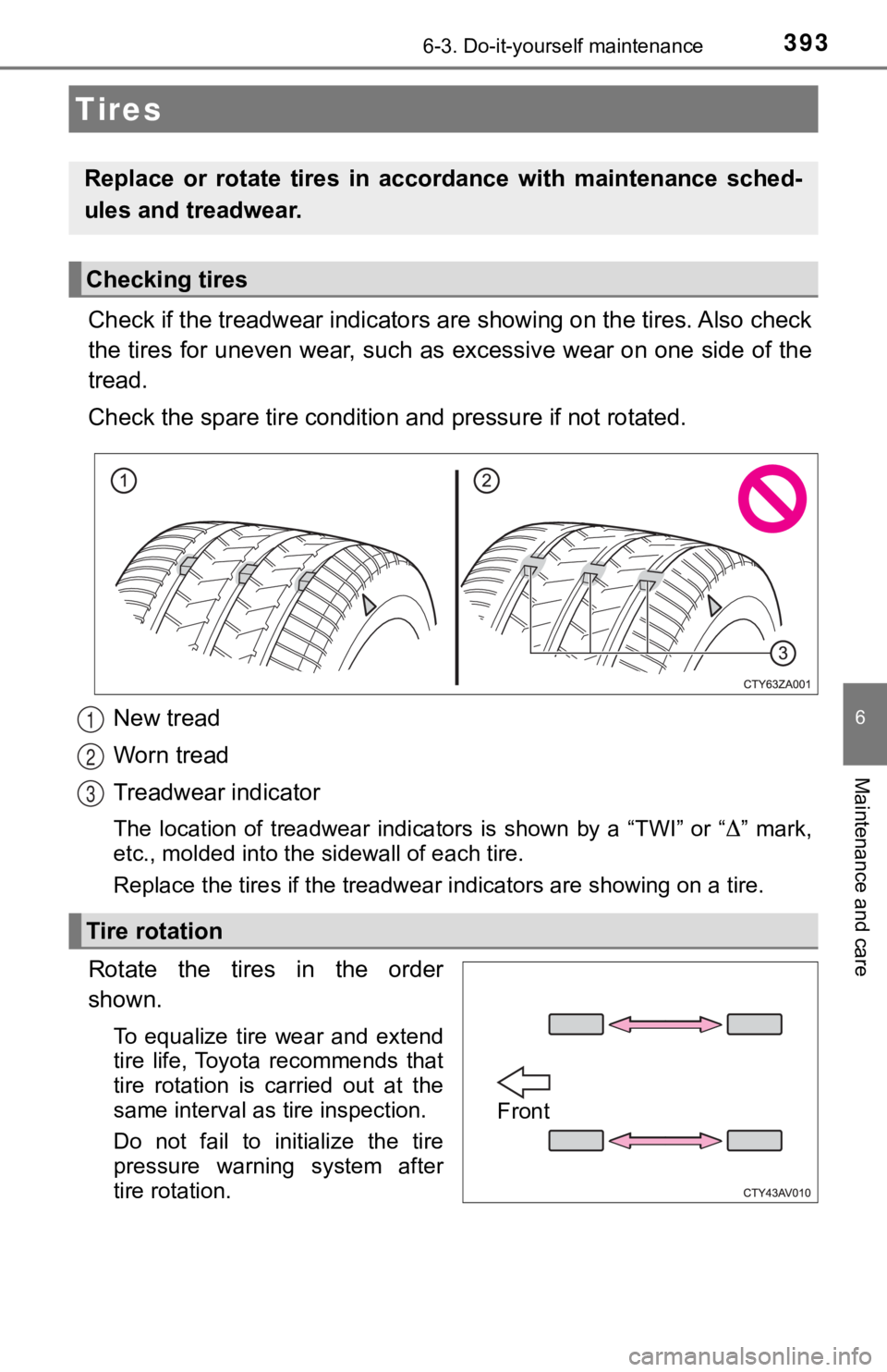 TOYOTA AVALON 2020 Owners Manual (in English) 3936-3. Do-it-yourself maintenance
6
Maintenance and care
Check if the treadwear indicators are showing on the tires. Also check
the tires for uneven wear, such as excessive wear on one side o f the
t TOYOTA AVALON 2020 Owners Manual (in English) 3936-3. Do-it-yourself maintenance
6
Maintenance and care
Check if the treadwear indicators are showing on the tires. Also check
the tires for uneven wear, such as excessive wear on one side o f the
t