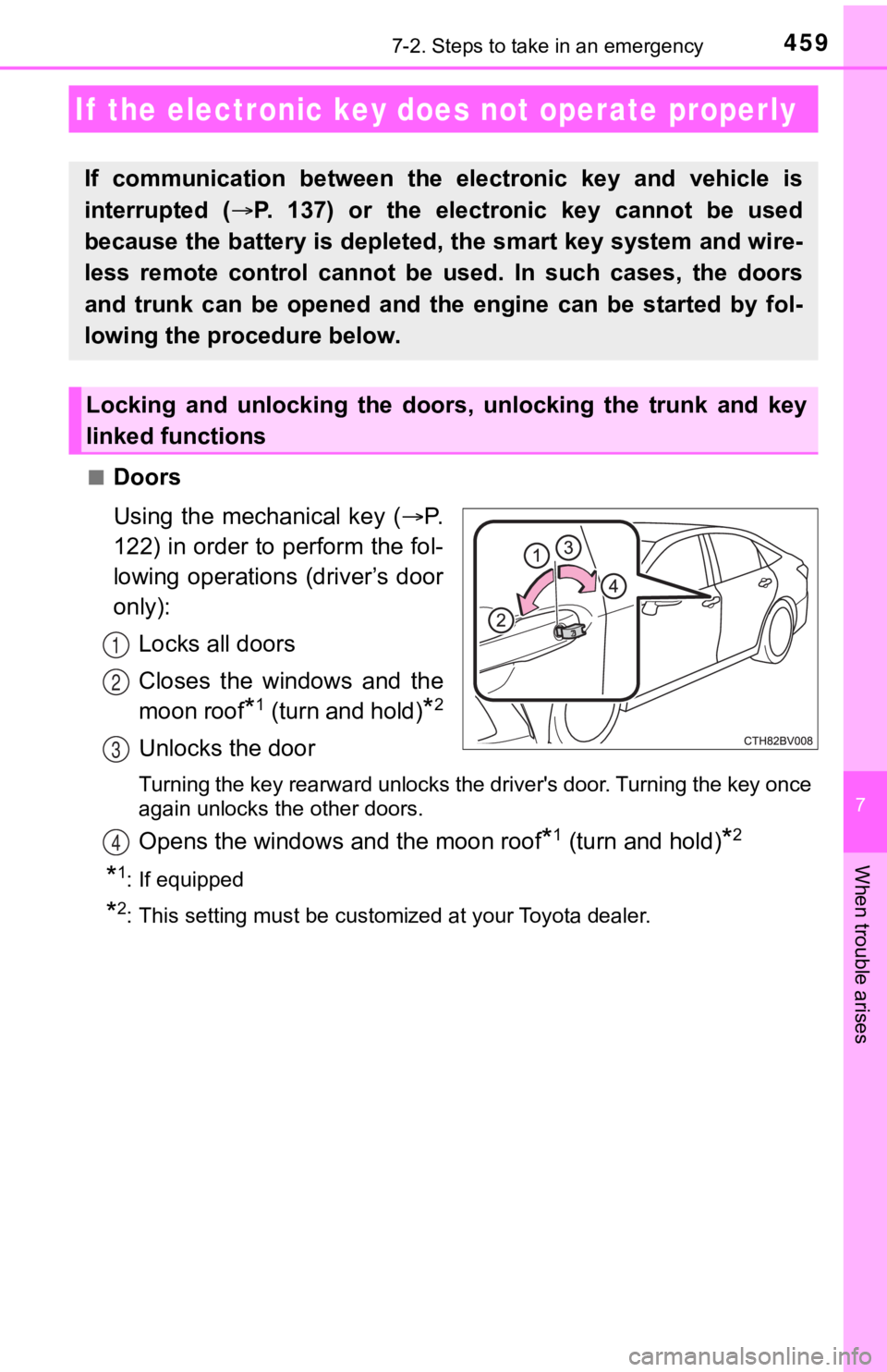 TOYOTA AVALON 2020 Owners Manual (in English) 4597-2. Steps to take in an emergency
7
When trouble arises
■Doors
Using the mechanical key (P.
122) in order to perform the fol-
lowing operations (driver’s door
only):
Locks all doors
Cl TOYOTA AVALON 2020 Owners Manual (in English) 4597-2. Steps to take in an emergency
7
When trouble arises
■Doors
Using the mechanical key (P.
122) in order to perform the fol-
lowing operations (driver’s door
only):
Locks all doors
Cl