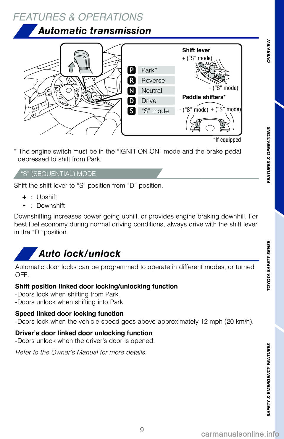 TOYOTA AVALON 2020 (in English) User Guide 9
OVERVIEW
FEATURES & OPERATIONS
TOYOTA SAFETY SENSE
SAFETY & EMERGENCY FEATURES
FEATURES & OPERATIONS
Automatic transmission
* The engine switch must be in the “IGNITION ON” mode and the brak\
e TOYOTA AVALON 2020 (in English) User Guide 9
OVERVIEW
FEATURES & OPERATIONS
TOYOTA SAFETY SENSE
SAFETY & EMERGENCY FEATURES
FEATURES & OPERATIONS
Automatic transmission
* The engine switch must be in the “IGNITION ON” mode and the brak\
e