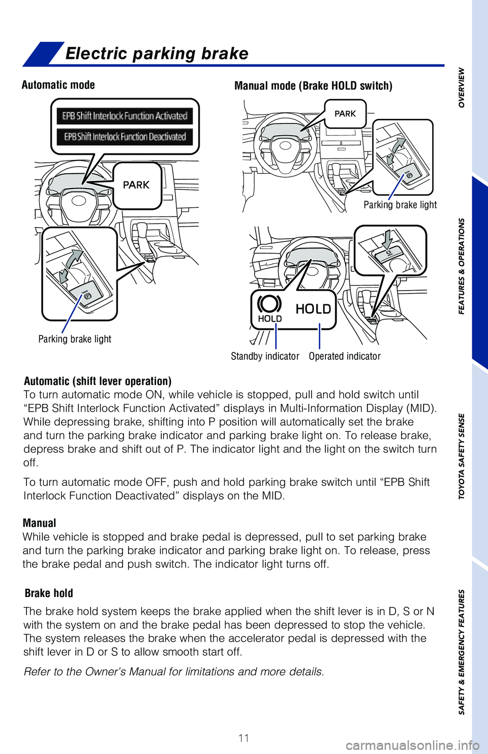 TOYOTA AVALON 2020 (in English) User Guide 11
OVERVIEW
FEATURES & OPERATIONS
TOYOTA SAFETY SENSE
SAFETY & EMERGENCY FEATURES
Electric parking brake
Driver sideAutomatic modeManual mode (Brake HOLD switch)
Automatic (shift lever operation)
Manu TOYOTA AVALON 2020 (in English) User Guide 11
OVERVIEW
FEATURES & OPERATIONS
TOYOTA SAFETY SENSE
SAFETY & EMERGENCY FEATURES
Electric parking brake
Driver sideAutomatic modeManual mode (Brake HOLD switch)
Automatic (shift lever operation)
Manu