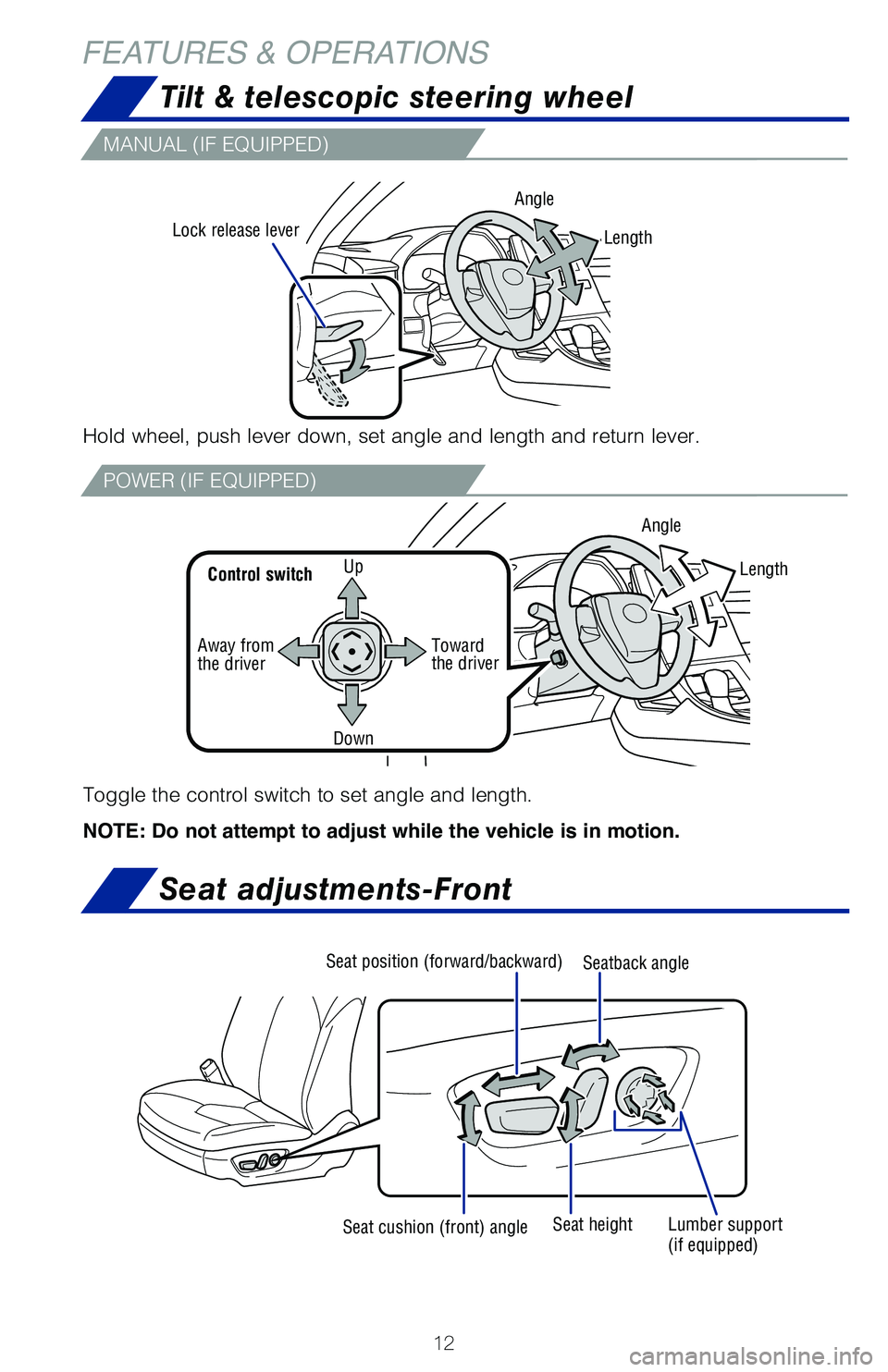TOYOTA AVALON 2020  Owners Manual (in English) 12
FEATURES & OPERATIONS
MANUAL (IF EQUIPPED)
POWER (IF EQUIPPED)
Hold wheel, push lever down, set angle and length and return lever.
Lock release leverAngle
Toggle the control switch to set angle and