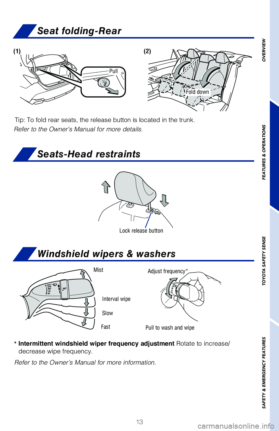 TOYOTA AVALON 2020 (in English) User Guide 13
Seats-Head restraints
Lock release button
Windshield wipers & washers
* Intermittent windshield wiper frequency adjustment Rotate to increase/
decrease wipe frequency.
Refer to the Owner’s Manual TOYOTA AVALON 2020 (in English) User Guide 13
Seats-Head restraints
Lock release button
Windshield wipers & washers
* Intermittent windshield wiper frequency adjustment Rotate to increase/
decrease wipe frequency.
Refer to the Owner’s Manual