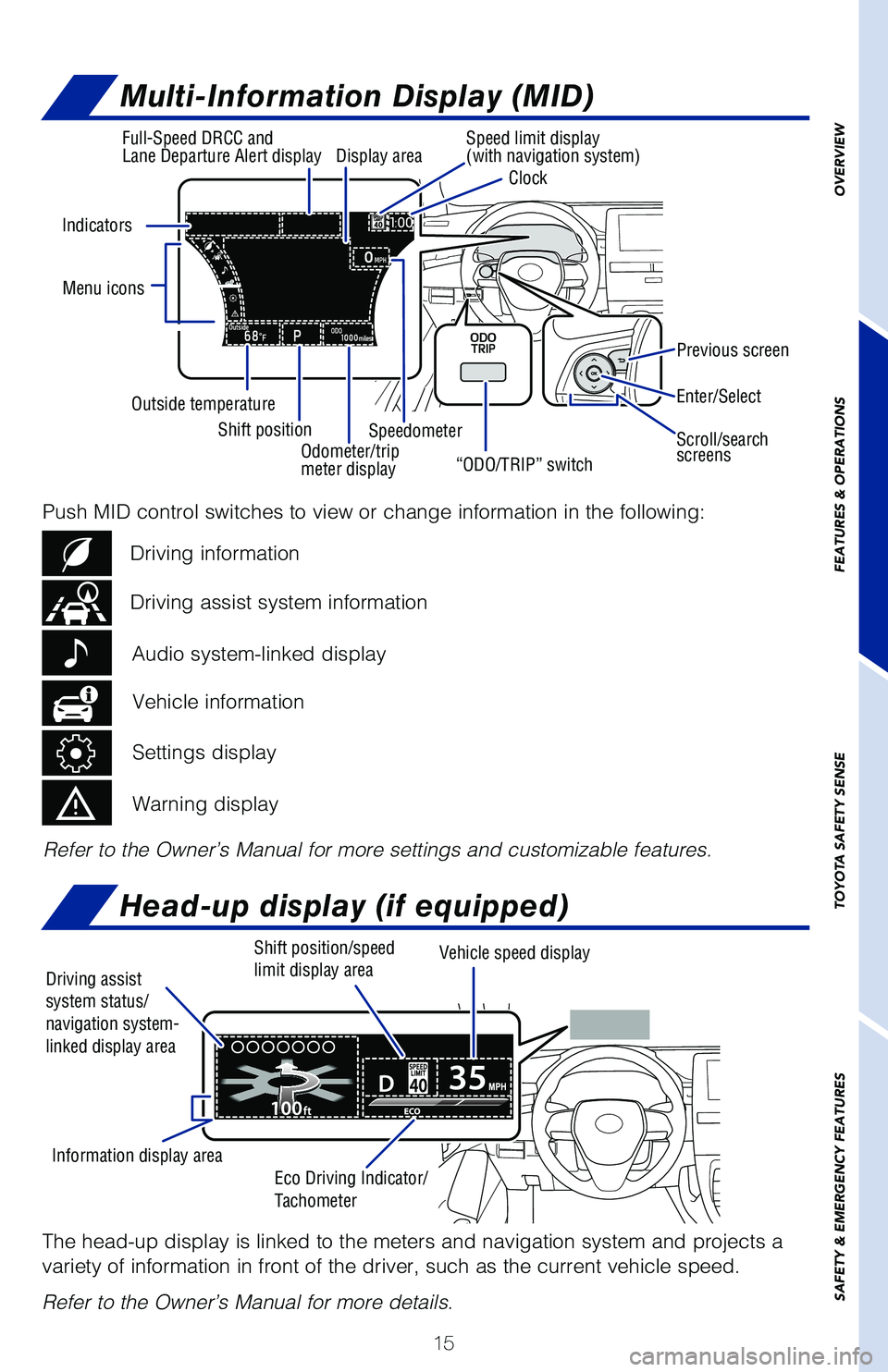 TOYOTA AVALON 2020 Owners Manual (in English) 15
Multi-Information Display (MID)
Head-up display (if equipped)
Refer to the Owner’s Manual for more settings and customizable features.
Previous screen
Indicators
Enter/Select
Scroll/search
scree TOYOTA AVALON 2020 Owners Manual (in English) 15
Multi-Information Display (MID)
Head-up display (if equipped)
Refer to the Owner’s Manual for more settings and customizable features.
Previous screen
Indicators
Enter/Select
Scroll/search
scree