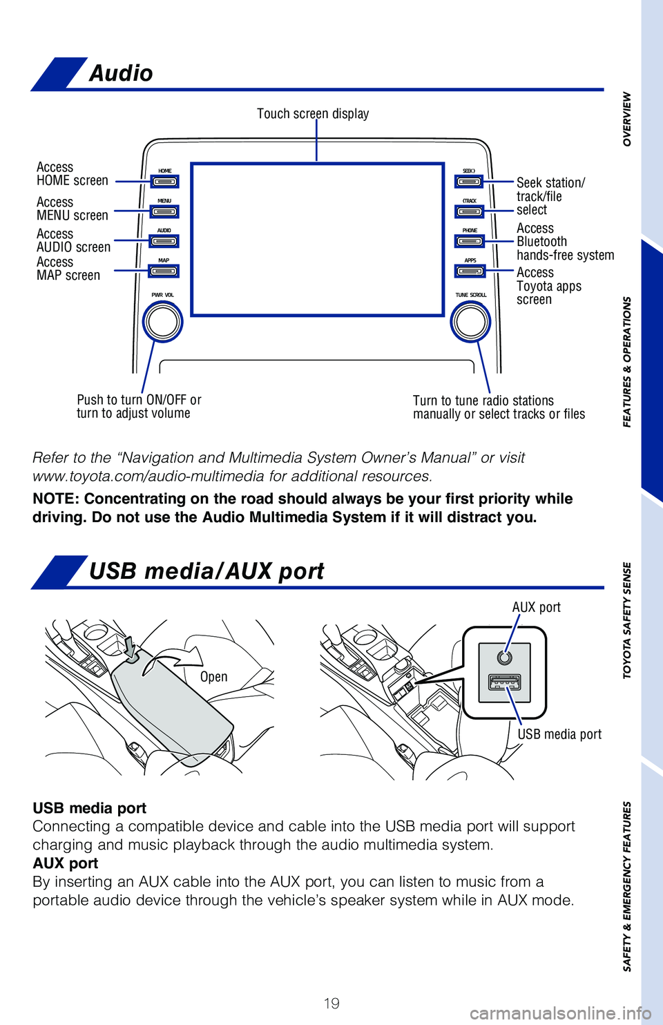 TOYOTA AVALON 2020 (in English) Owners Manual 19
Audio
Touch screen display
Access
AUDIO screen
Push to turn ON/OFF or
turn to adjust volume Turn to tune radio stations
manually or select tracks or filesAccess
Bluetooth
hands-free system
TOYOTA AVALON 2020 (in English) Owners Manual 19
Audio
Touch screen display
Access
AUDIO screen
Push to turn ON/OFF or
turn to adjust volume Turn to tune radio stations
manually or select tracks or filesAccess
Bluetooth
hands-free system