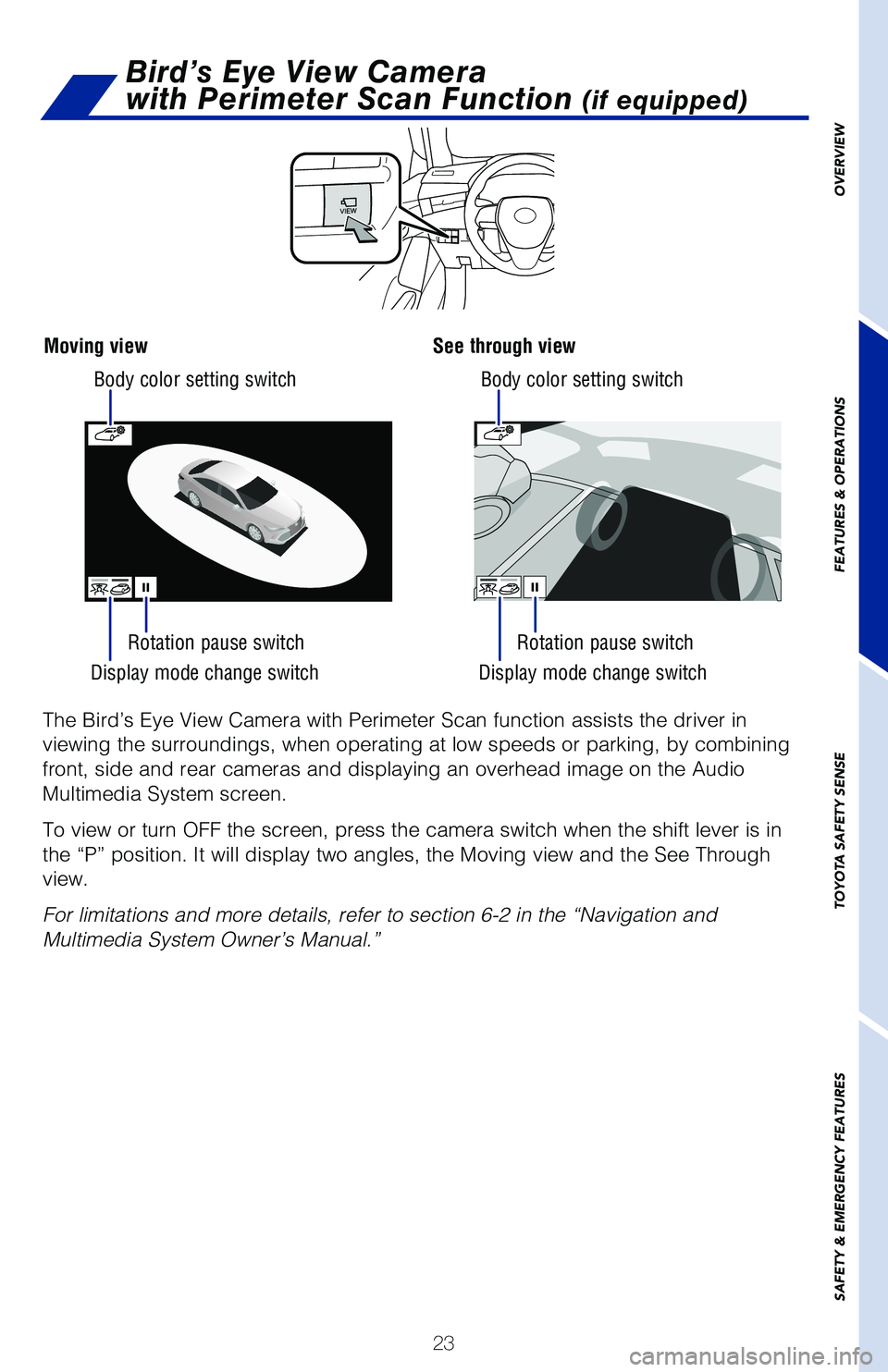 TOYOTA AVALON 2020 (in English) Owners Manual 23
Display mode change switch
Display mode change switch
Rotation pause switch
Body color setting switch
Body color setting switch
Rotation pause switch
The Bird’s Eye View Camera with Perimeter Sca TOYOTA AVALON 2020 (in English) Owners Manual 23
Display mode change switch
Display mode change switch
Rotation pause switch
Body color setting switch
Body color setting switch
Rotation pause switch
The Bird’s Eye View Camera with Perimeter Sca