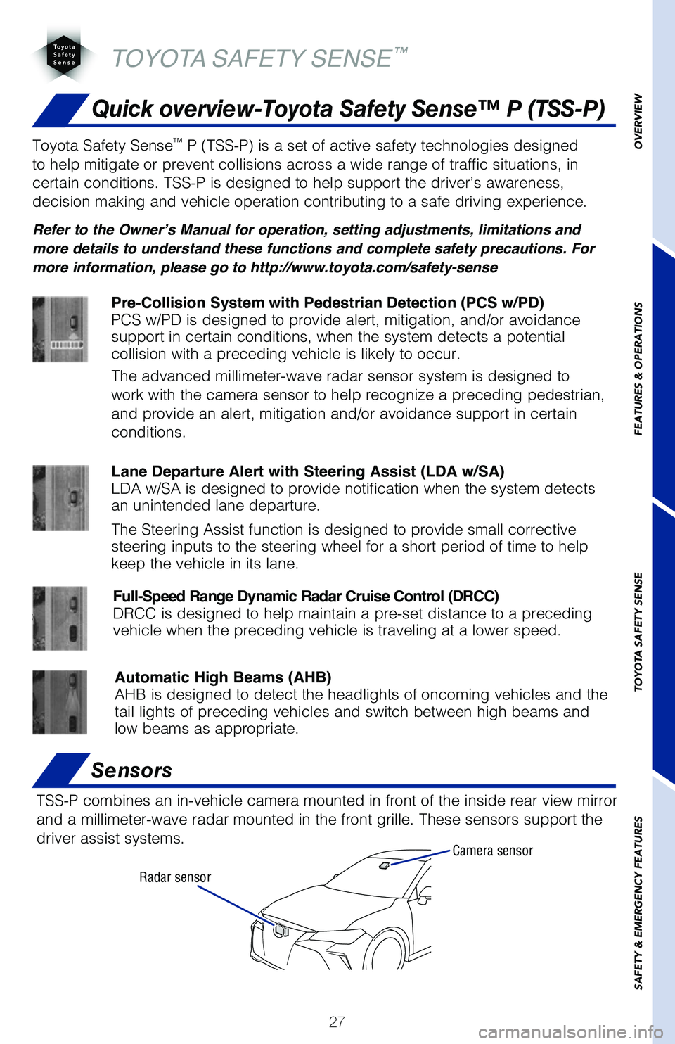 TOYOTA AVALON 2020 (in English) Owners Manual 27
Quick overview-Toyota Safety Sense™ P (TSS-P)
Sensors
TSS-P combines an in-vehicle camera mounted in front of the inside rear \
view mirror
and a millimeter-wave radar mounted in the front grill TOYOTA AVALON 2020 (in English) Owners Manual 27
Quick overview-Toyota Safety Sense™ P (TSS-P)
Sensors
TSS-P combines an in-vehicle camera mounted in front of the inside rear \
view mirror
and a millimeter-wave radar mounted in the front grill