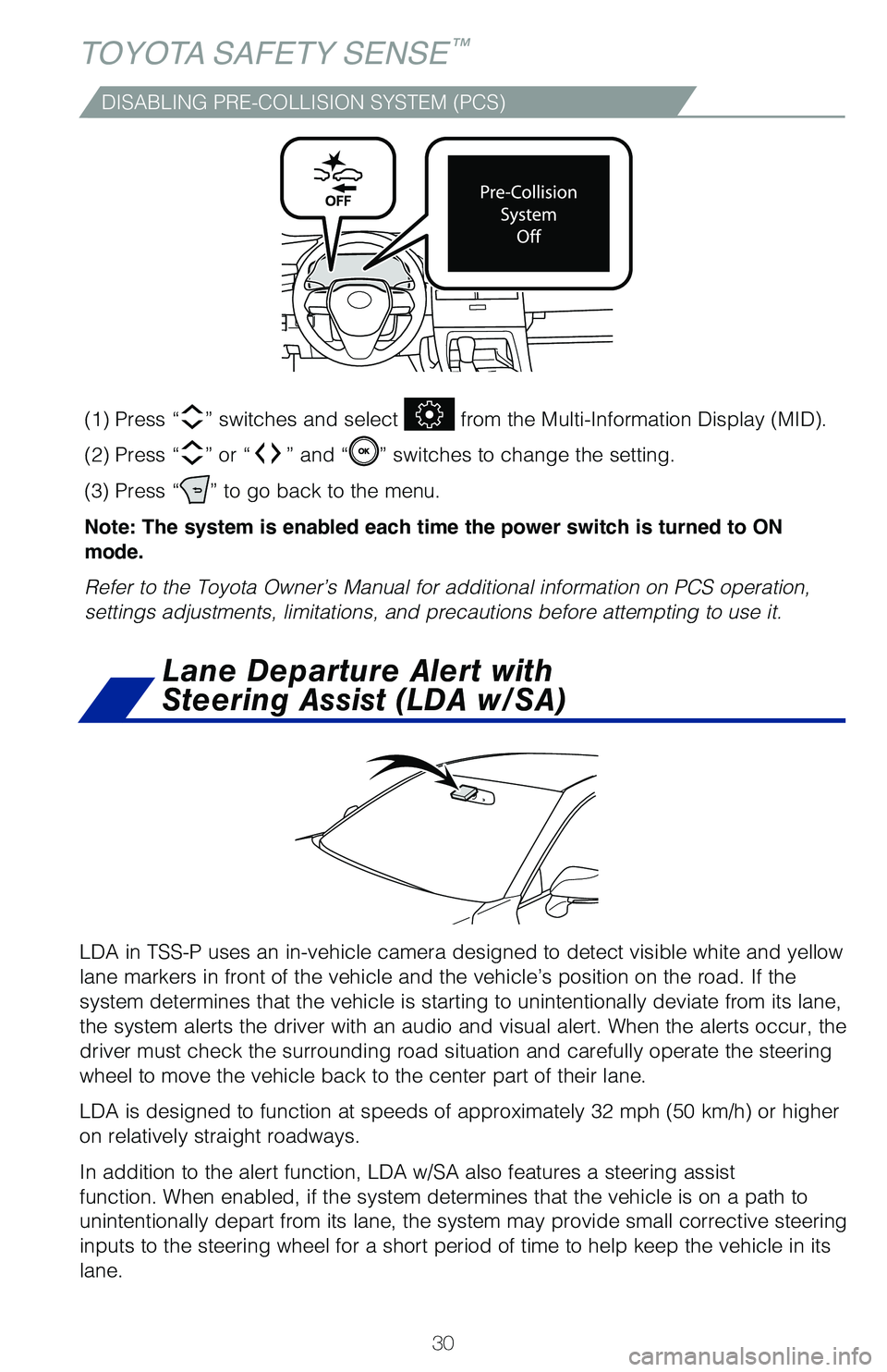 TOYOTA AVALON 2020 (in English) Owners Guide 30
DISABLING PRE-COLLISION SYSTEM (PCS)
LDA in TSS-P uses an in-vehicle camera designed to detect visible white \
and yellow
lane markers in front of the vehicle and the vehicle’s position on th\
e TOYOTA AVALON 2020 (in English) Owners Guide 30
DISABLING PRE-COLLISION SYSTEM (PCS)
LDA in TSS-P uses an in-vehicle camera designed to detect visible white \
and yellow
lane markers in front of the vehicle and the vehicle’s position on th\
e