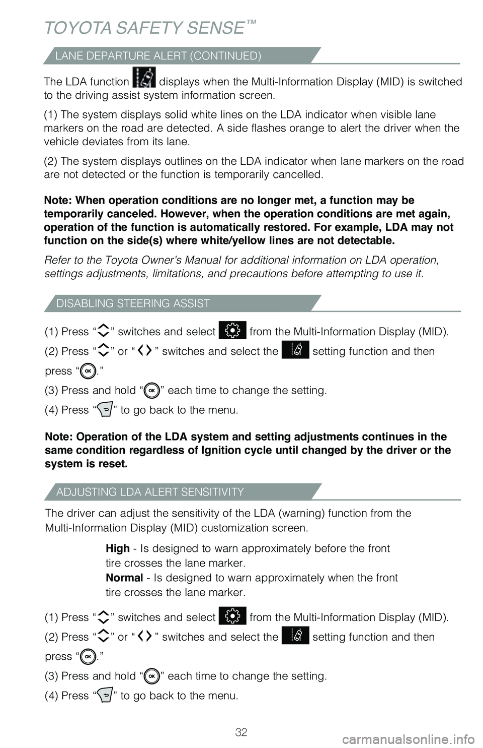 TOYOTA AVALON 2020 (in English) Owners Guide 32
The LDA function
displays when the Multi-Information Display (MID) is switched
to the driving assist system information screen.
(1) The system displays solid white lines on the LDA indicator whe TOYOTA AVALON 2020 (in English) Owners Guide 32
The LDA function
displays when the Multi-Information Display (MID) is switched
to the driving assist system information screen.
(1) The system displays solid white lines on the LDA indicator whe