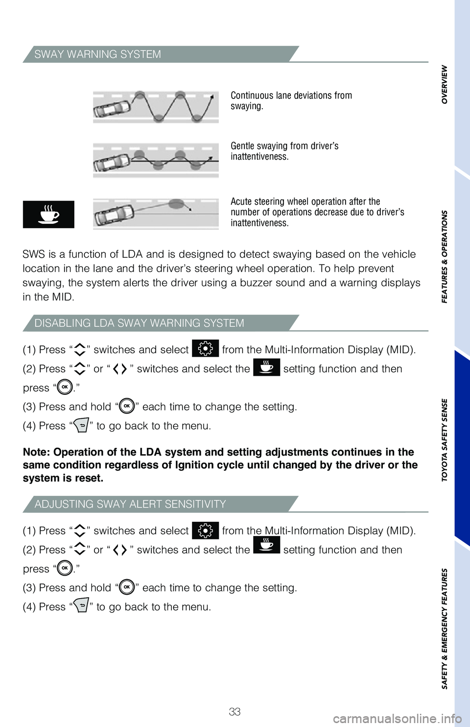 TOYOTA AVALON 2020 (in English) Owners Guide 33
SWAY WARNING SYSTEM
SWS is a function of LDA and is designed to detect swaying based on the \
vehicle
location in the lane and the driver’s steering wheel operation. To he\
lp prevent
swaying, TOYOTA AVALON 2020 (in English) Owners Guide 33
SWAY WARNING SYSTEM
SWS is a function of LDA and is designed to detect swaying based on the \
vehicle
location in the lane and the driver’s steering wheel operation. To he\
lp prevent
swaying,