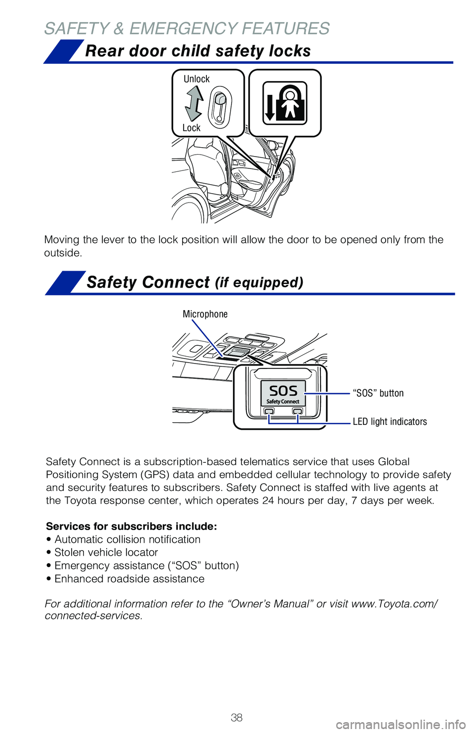 TOYOTA AVALON 2020 (in English) Owners Guide 38
SAFETY & EMERGENCY FEATURES
Moving the lever to the lock position will allow the door to be opened o\
nly from the
outside.
Lock
Unlock
Rear door child safety locks
Safety Connect (if equipped)
S TOYOTA AVALON 2020 (in English) Owners Guide 38
SAFETY & EMERGENCY FEATURES
Moving the lever to the lock position will allow the door to be opened o\
nly from the
outside.
Lock
Unlock
Rear door child safety locks
Safety Connect (if equipped)
S