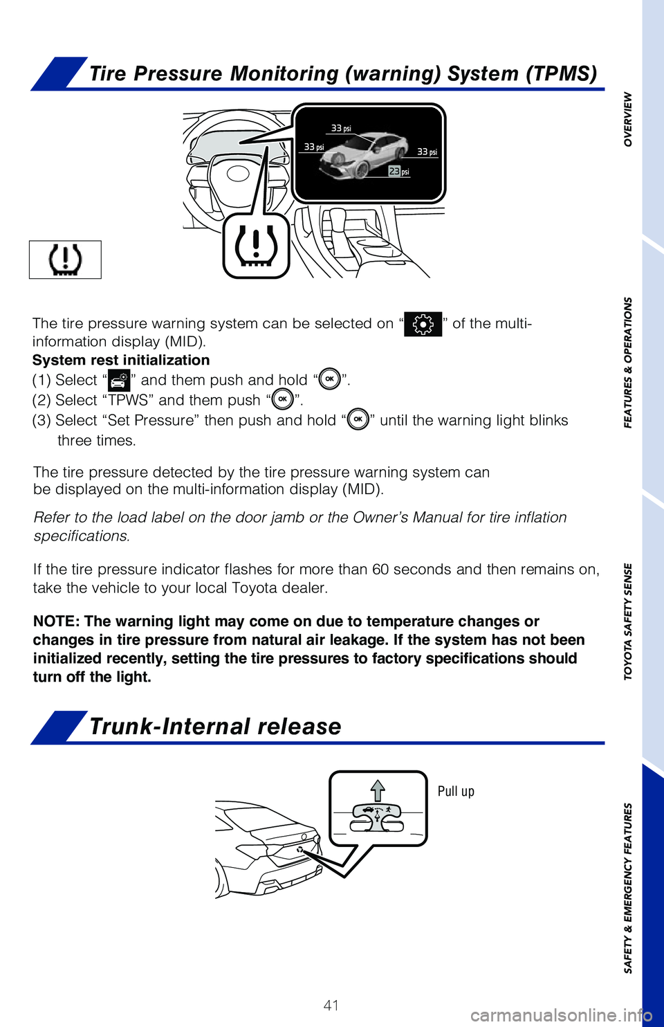 TOYOTA AVALON 2020 (in English) Service Manual 41
Pull up
Trunk-Internal release
Tire Pressure Monitoring (warning) System (TPMS)
The tire pressure detected by the tire pressure warning system can
be displayed on the multi-information display (MID TOYOTA AVALON 2020 (in English) Service Manual 41
Pull up
Trunk-Internal release
Tire Pressure Monitoring (warning) System (TPMS)
The tire pressure detected by the tire pressure warning system can
be displayed on the multi-information display (MID