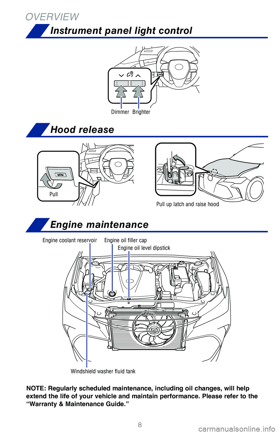 TOYOTA AVALON 2020  Owners Manual (in English) 8
OVERVIEW
NOTE: Regularly scheduled maintenance, including  oil changes, will help 
extend the life of your vehicle and maintain performance. Please refer to the 
“Warranty & Maintenance Guide.”
