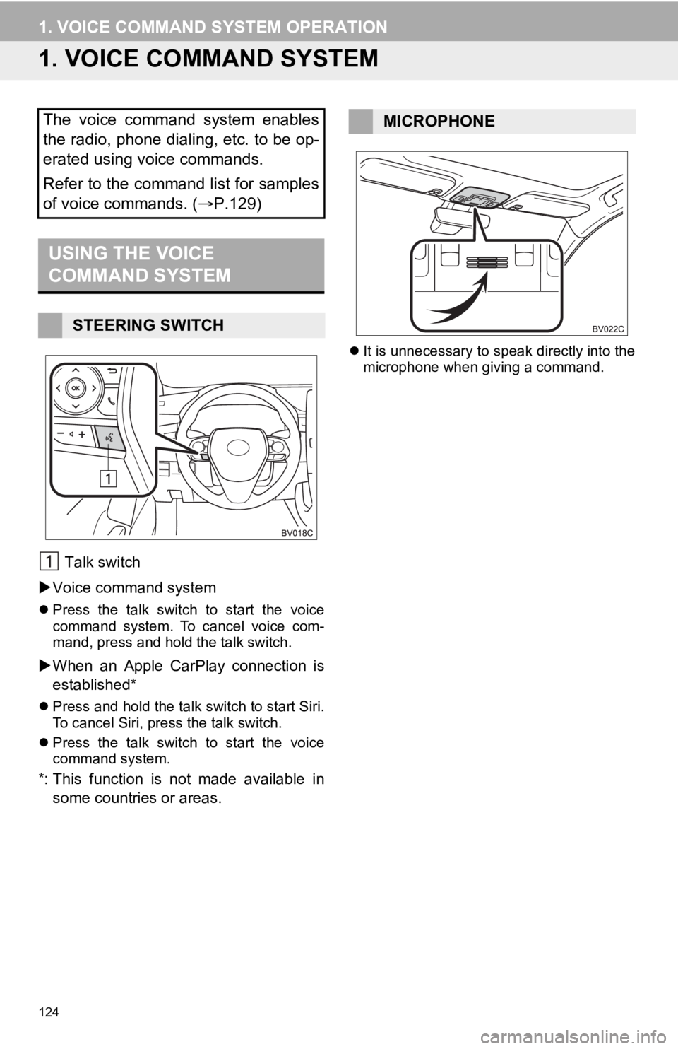TOYOTA AVALON 2020 Accessories, Audio & Navigation (in English) 124
1. VOICE COMMAND SYSTEM OPERATION
1. VOICE COMMAND SYSTEM
Talk switch
Voice command system
Press the talk switch to start the voice
command system. To cancel voice com-
mand, TOYOTA AVALON 2020 Accessories, Audio & Navigation (in English) 124
1. VOICE COMMAND SYSTEM OPERATION
1. VOICE COMMAND SYSTEM
Talk switch
Voice command system
Press the talk switch to start the voice
command system. To cancel voice com-
mand,