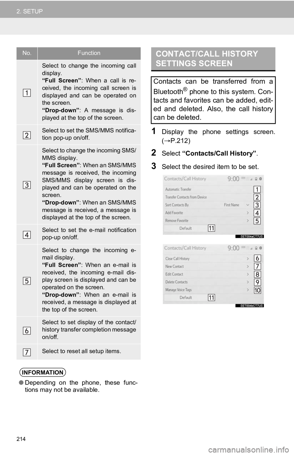 TOYOTA AVALON 2020 Accessories, Audio & Navigation (in English) 214
2. SETUP
1Display the phone settings screen.
(P.212)
2Select “Contacts/Call History” .
3Select the desired item to be set.
No.Function
Select to change the incoming call
display.
TOYOTA AVALON 2020 Accessories, Audio & Navigation (in English) 214
2. SETUP
1Display the phone settings screen.
(P.212)
2Select “Contacts/Call History” .
3Select the desired item to be set.
No.Function
Select to change the incoming call
display.