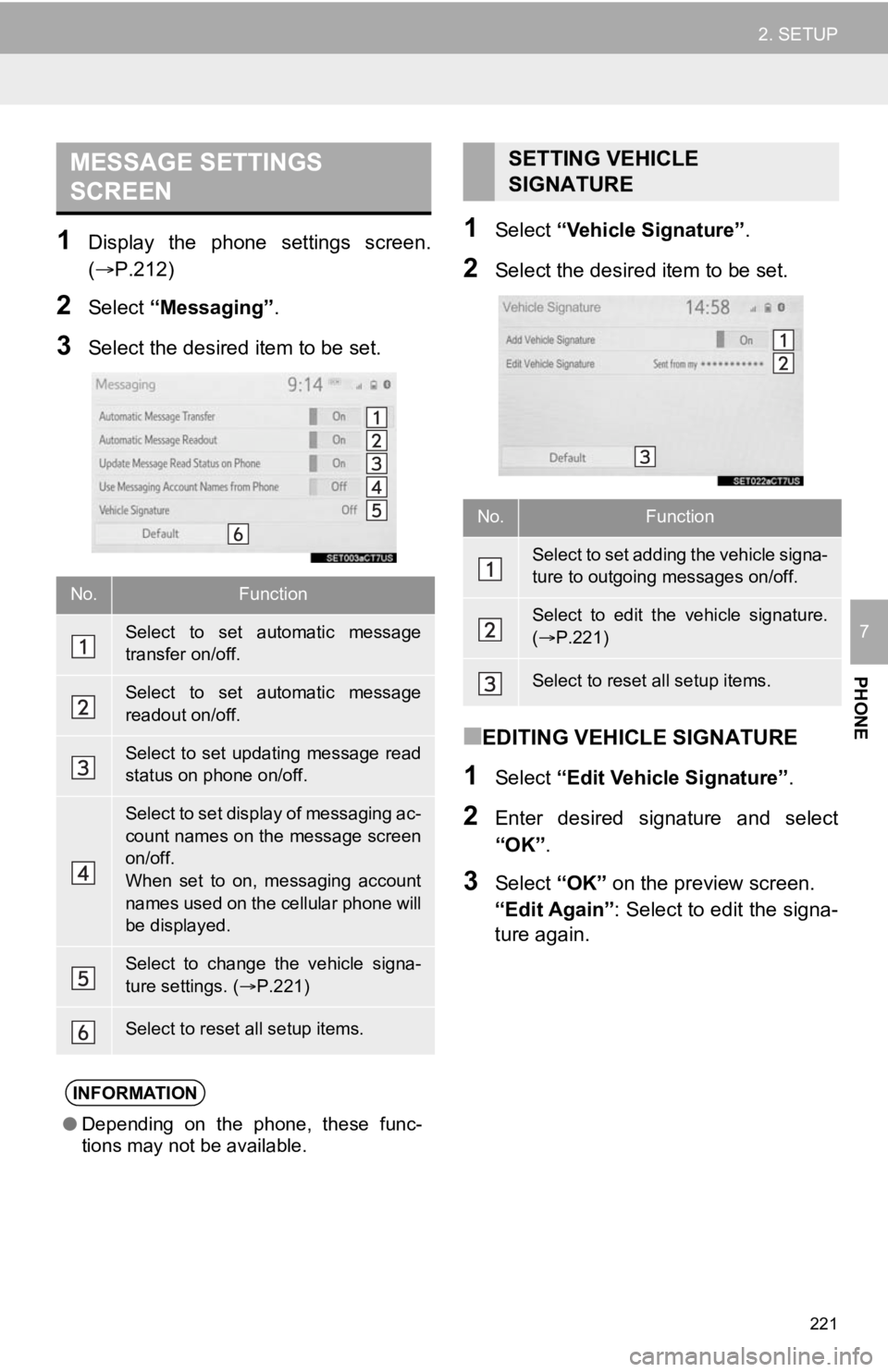 TOYOTA AVALON 2020 Accessories, Audio & Navigation (in English) 221
2. SETUP
PHONE
7
1Display the phone settings screen.
(P.212)
2Select “Messaging” .
3Select the desired item to be set.
1Select “Vehicle Signature” .
2Select the desired item to be TOYOTA AVALON 2020 Accessories, Audio & Navigation (in English) 221
2. SETUP
PHONE
7
1Display the phone settings screen.
(P.212)
2Select “Messaging” .
3Select the desired item to be set.
1Select “Vehicle Signature” .
2Select the desired item to be