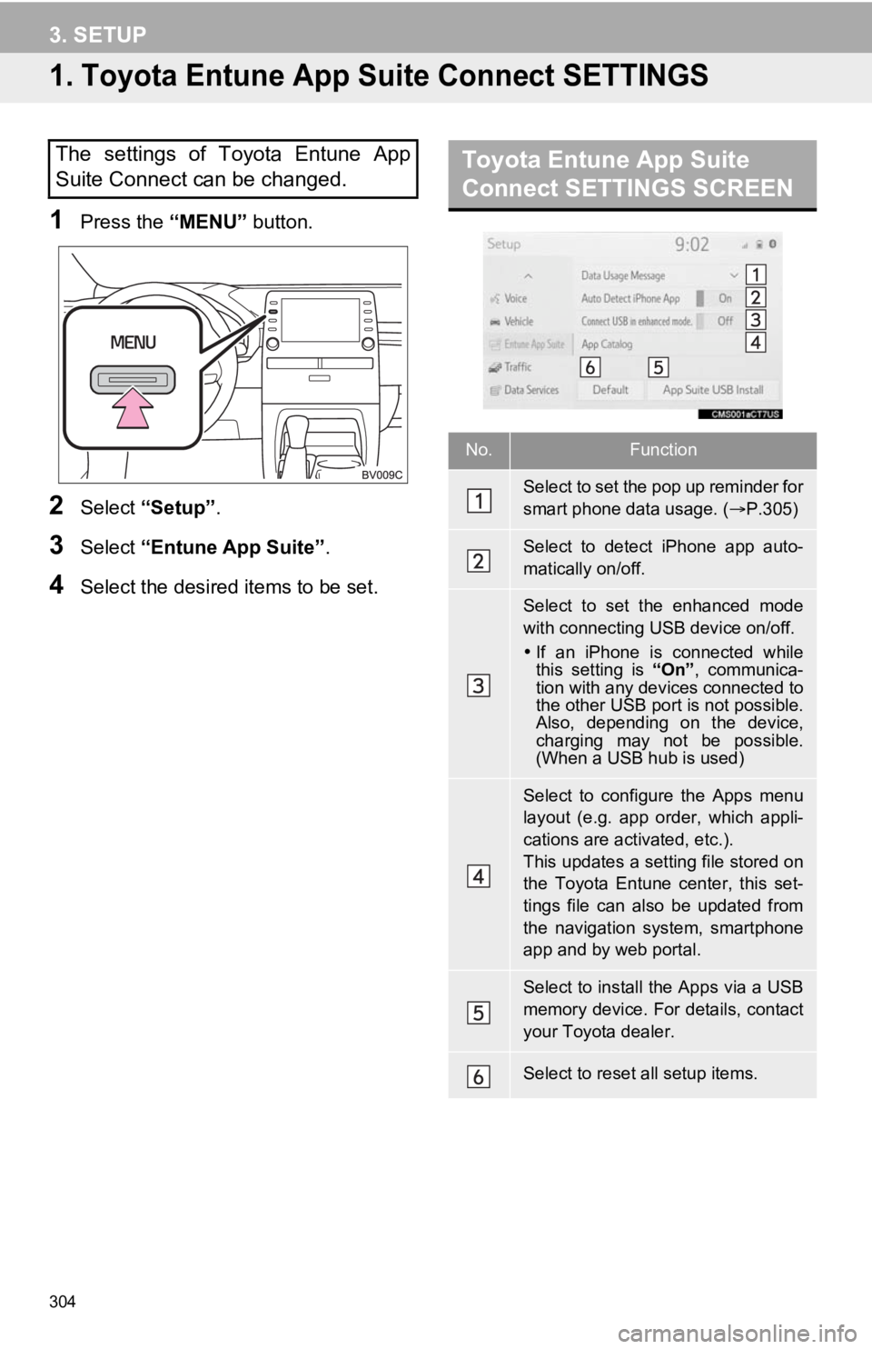 TOYOTA AVALON 2020 Accessories, Audio & Navigation (in English) 304
3. SETUP
1. Toyota Entune App Suite Connect SETTINGS
1Press the “MENU” button.
2Select “Setup” .
3Select “Entune App Suite” .
4Select the desired items to be set.
The settings of To TOYOTA AVALON 2020 Accessories, Audio & Navigation (in English) 304
3. SETUP
1. Toyota Entune App Suite Connect SETTINGS
1Press the “MENU” button.
2Select “Setup” .
3Select “Entune App Suite” .
4Select the desired items to be set.
The settings of To