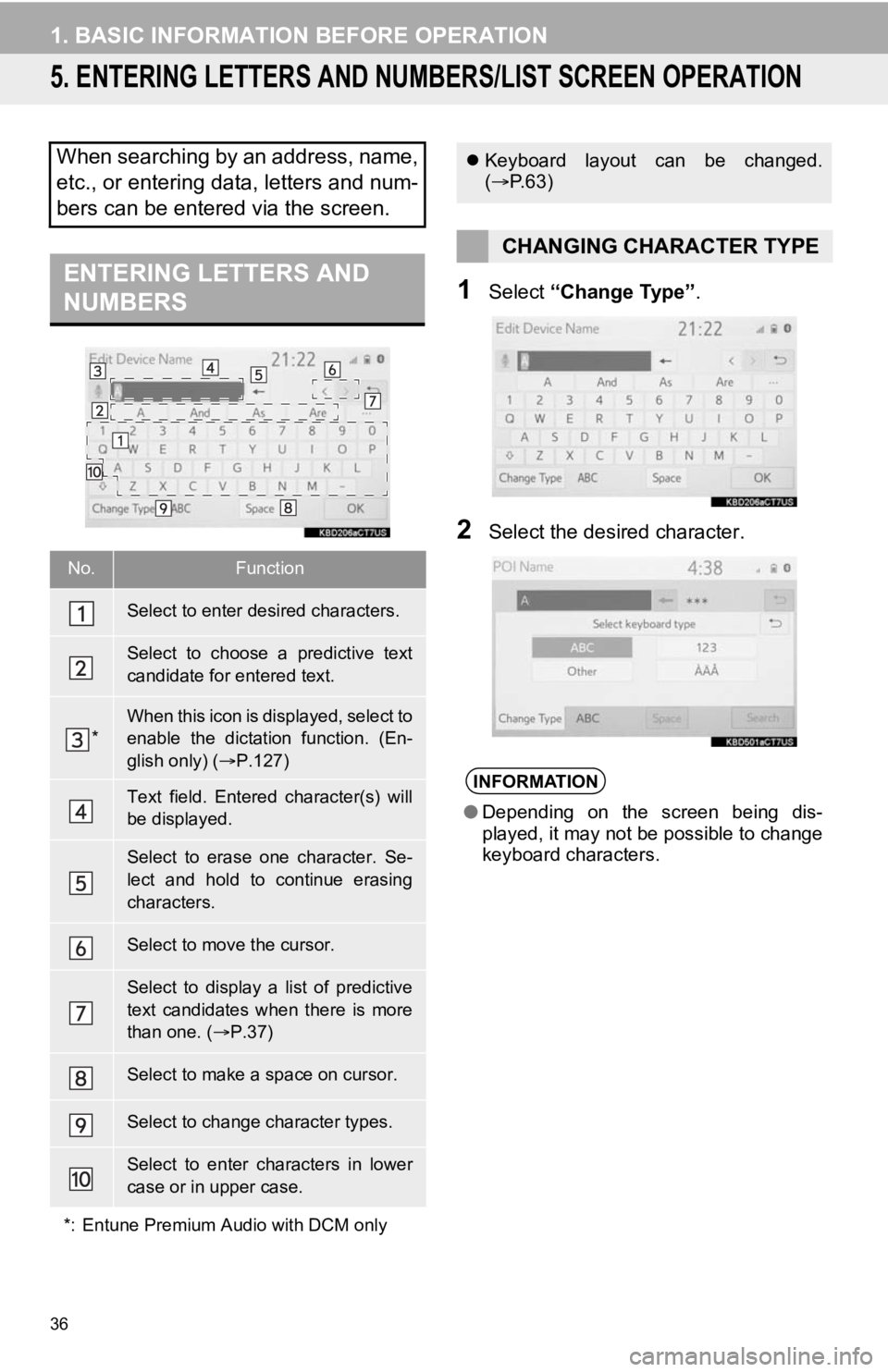 TOYOTA AVALON 2020 Accessories, Audio & Navigation (in English) 36
1. BASIC INFORMATION BEFORE OPERATION
5. ENTERING LETTERS AND NUMBERS/LIST SCREEN OPERATION
1Select “Change Type” .
2Select the desired character.
When searching by an address, name,
etc., or e TOYOTA AVALON 2020 Accessories, Audio & Navigation (in English) 36
1. BASIC INFORMATION BEFORE OPERATION
5. ENTERING LETTERS AND NUMBERS/LIST SCREEN OPERATION
1Select “Change Type” .
2Select the desired character.
When searching by an address, name,
etc., or e