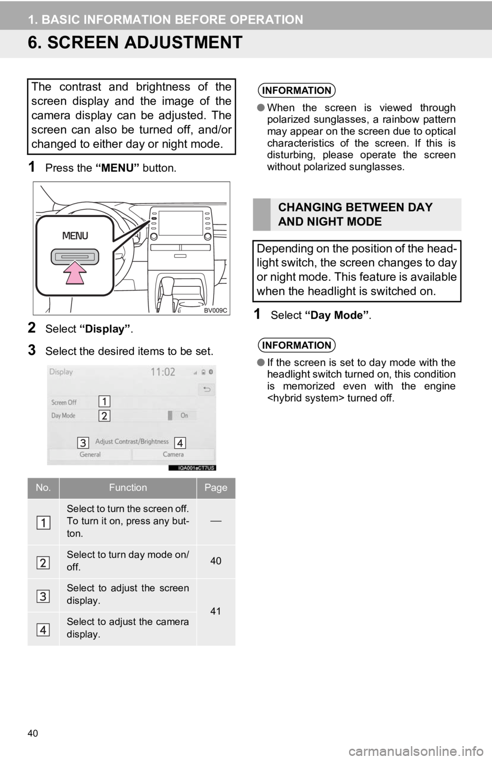 TOYOTA AVALON 2020 Accessories, Audio & Navigation (in English) 40
1. BASIC INFORMATION BEFORE OPERATION
6. SCREEN ADJUSTMENT
1Press the “MENU” button.
2Select “Display”.
3Select the desired items to be set.
1Select “Day Mode” .
The contrast and bri TOYOTA AVALON 2020 Accessories, Audio & Navigation (in English) 40
1. BASIC INFORMATION BEFORE OPERATION
6. SCREEN ADJUSTMENT
1Press the “MENU” button.
2Select “Display”.
3Select the desired items to be set.
1Select “Day Mode” .
The contrast and bri