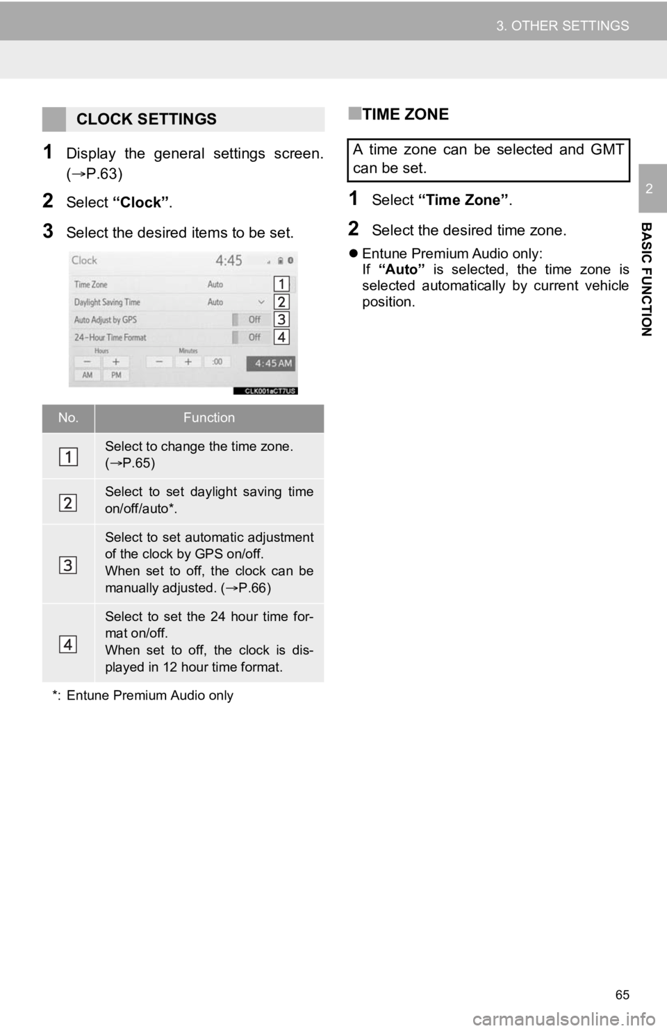TOYOTA AVALON 2020 Accessories, Audio & Navigation (in English) 65
3. OTHER SETTINGS
BASIC FUNCTION
2
1Display the general settings screen.
(P.63)
2Select “Clock”.
3Select the desired items to be set.
■TIME ZONE
1Select “Time Zone” .
2Select the TOYOTA AVALON 2020 Accessories, Audio & Navigation (in English) 65
3. OTHER SETTINGS
BASIC FUNCTION
2
1Display the general settings screen.
(P.63)
2Select “Clock”.
3Select the desired items to be set.
■TIME ZONE
1Select “Time Zone” .
2Select the