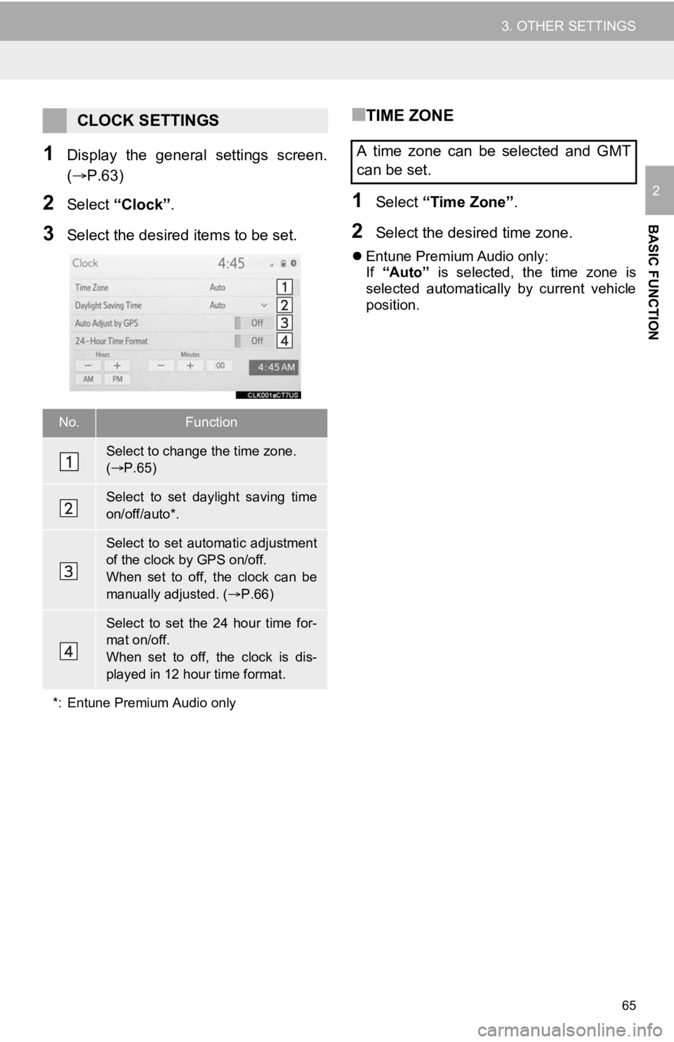 TOYOTA AVALON 2020  Accessories, Audio & Navigation (in English) 65
3. OTHER SETTINGS
BASIC FUNCTION
2
1Display  the  general  settings  screen.
(P.63)
2Select “Clock”.
3Select the desired  items to be set.
■TIME ZONE
1Select “Time Zone” .
2Select the 