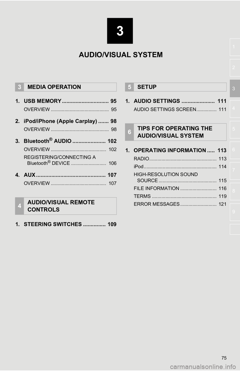 TOYOTA AVALON 2020 Accessories, Audio & Navigation (in English) 3
75
4
5
6
7
8
9
1
2
3
1. USB MEMORY ............................... 95
OVERVIEW ........................................... 95
2. iPod/iPhone (Apple Carplay) ....... 98
OVERVIEW .................... TOYOTA AVALON 2020 Accessories, Audio & Navigation (in English) 3
75
4
5
6
7
8
9
1
2
3
1. USB MEMORY ............................... 95
OVERVIEW ........................................... 95
2. iPod/iPhone (Apple Carplay) ....... 98
OVERVIEW ....................