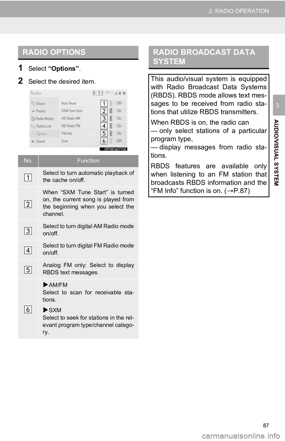TOYOTA AVALON 2020 Accessories, Audio & Navigation (in English) 87
2. RADIO OPERATION
AUDIO/VISUAL SYSTEM
3
1Select “Options”.
2Select the desired item.
RADIO OPTIONS
No.Function
Select to turn automatic playback of
the cache on/off.
When “SXM Tune Start TOYOTA AVALON 2020 Accessories, Audio & Navigation (in English) 87
2. RADIO OPERATION
AUDIO/VISUAL SYSTEM
3
1Select “Options”.
2Select the desired item.
RADIO OPTIONS
No.Function
Select to turn automatic playback of
the cache on/off.
When “SXM Tune Start