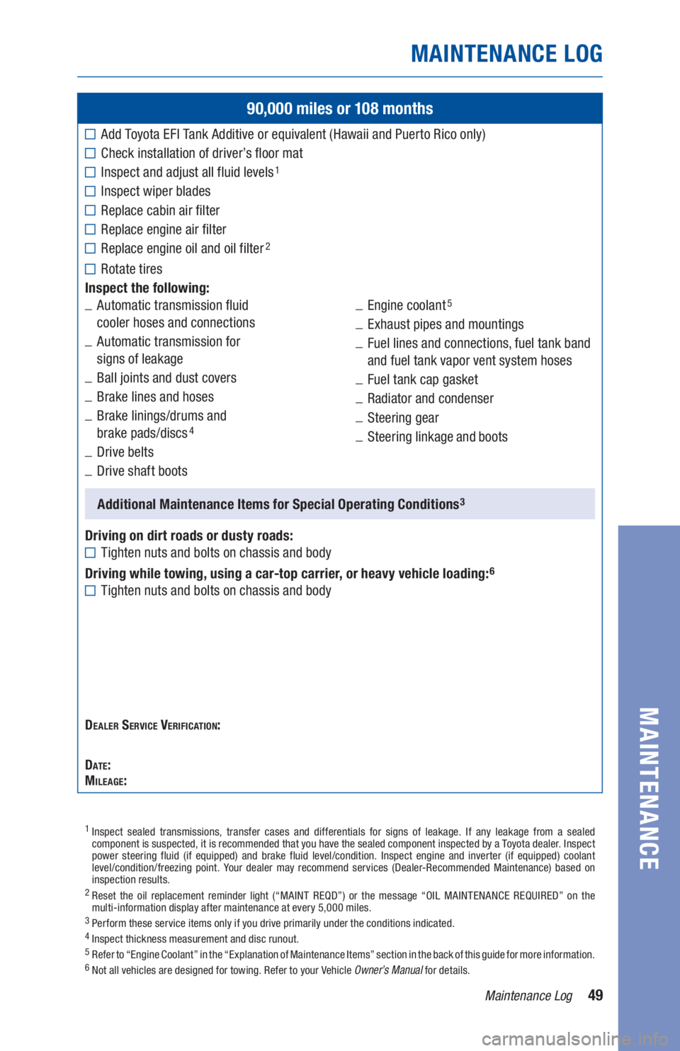 TOYOTA AVALON 2020  Warranties & Maintenance Guides (in English) 49Maintenance Log
MAINTENANCE LOG
MAINTENANCE
90,000 miles or 108 months
Add Toyota EFI Tank Additive or equivalent (Hawaii and Puerto Rico only)
Check installation of driver’s floor mat
Inspect and