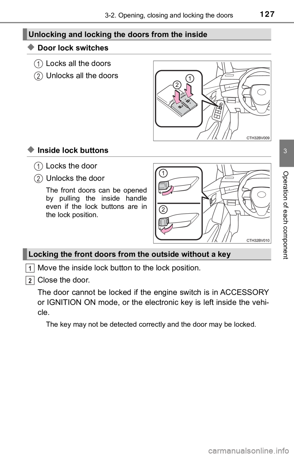 TOYOTA AVALON 2021  Owners Manual (in English) 1273-2. Opening, closing and locking the doors
3
Operation of each component
◆Door lock switches
Locks all the doors
Unlocks all the doors
◆Inside lock buttons
Locks the door
Unlocks the door
The 