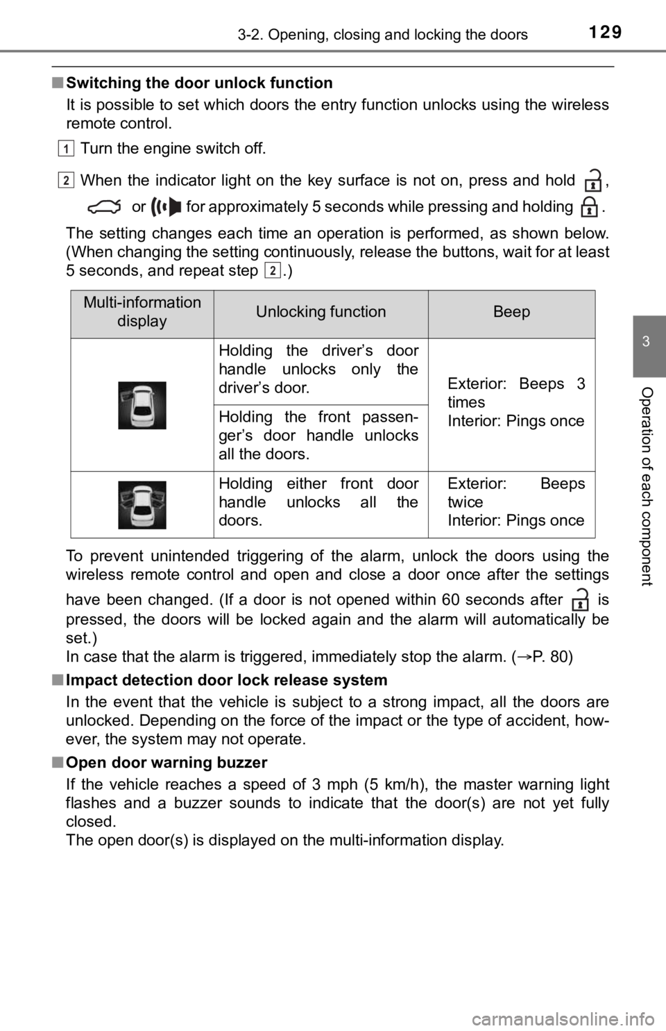 TOYOTA AVALON 2021  Owners Manual (in English) 1293-2. Opening, closing and locking the doors
3
Operation of each component
■Switching the door unlock function
It is possible to set which doors the entry function unlocks using the wireless
remot
