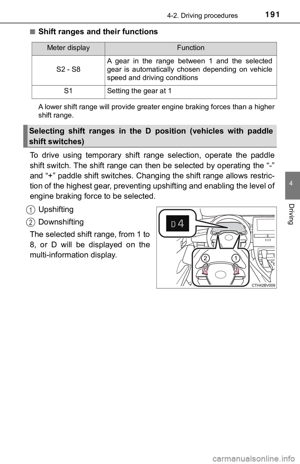 TOYOTA AVALON 2021 Owners Manual (in English) 1914-2. Driving procedures
4
Driving
■Shift ranges and their functions
A lower shift range will provide greater engine braking forces than a higher
shift range.
To drive using temporary shift r TOYOTA AVALON 2021 Owners Manual (in English) 1914-2. Driving procedures
4
Driving
■Shift ranges and their functions
A lower shift range will provide greater engine braking forces than a higher
shift range.
To drive using temporary shift r