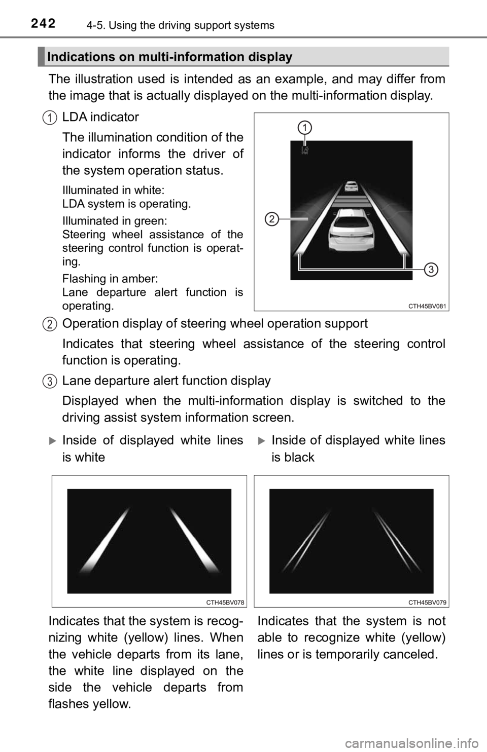 TOYOTA AVALON 2021 Owners Manual (in English) 2424-5. Using the driving support systems
The illustration used is intended as an example, and may differ from
the image that is actually displayed on the multi-information display.
LDA indi TOYOTA AVALON 2021 Owners Manual (in English) 2424-5. Using the driving support systems
The illustration used is intended as an example, and may differ from
the image that is actually displayed on the multi-information display.
LDA indi