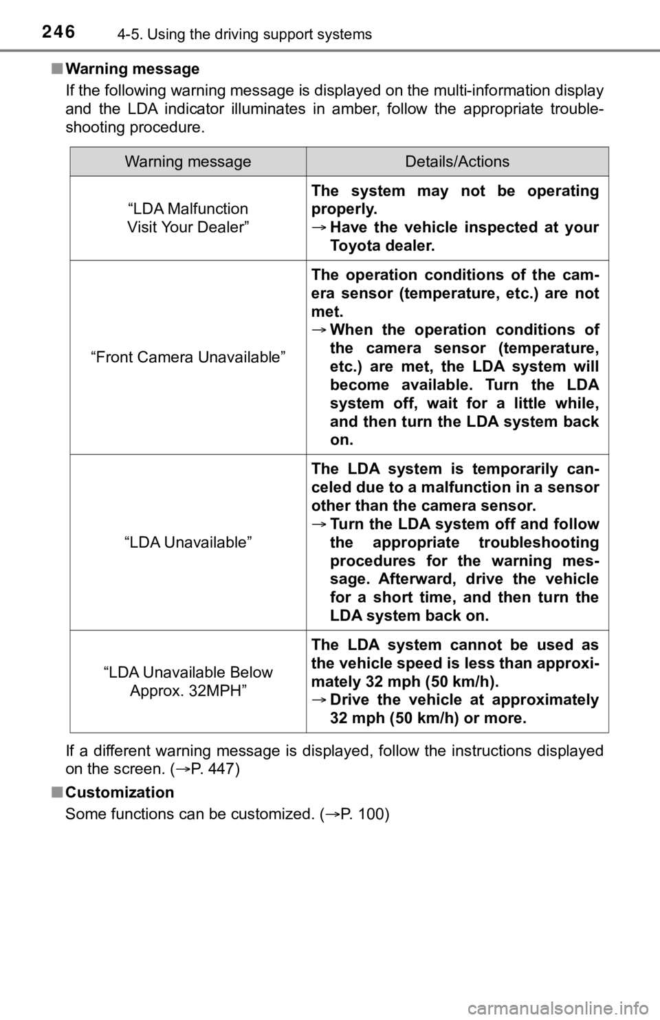 TOYOTA AVALON 2021 Owners Manual (in English) 2464-5. Using the driving support systems
■Warning message
If the following warning message is displayed on the multi-information display
and the LDA indicator illuminates in amber, follow t TOYOTA AVALON 2021 Owners Manual (in English) 2464-5. Using the driving support systems
■Warning message
If the following warning message is displayed on the multi-information display
and the LDA indicator illuminates in amber, follow t