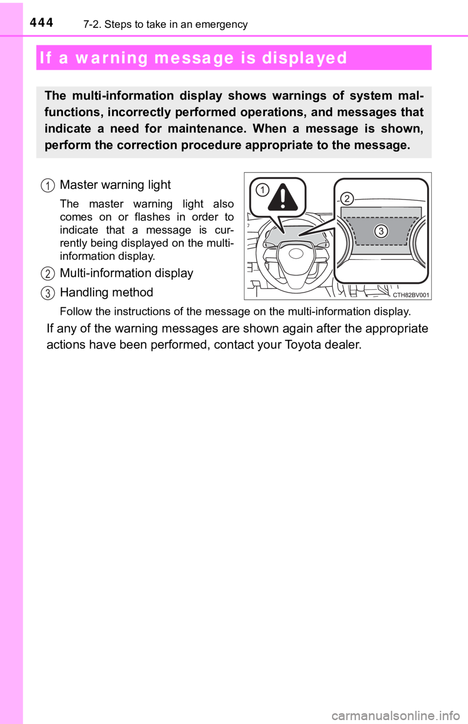 TOYOTA AVALON 2021 Owners Manual (in English) 4447-2. Steps to take in an emergency
Master warning light
The master warning light also
comes on or flashes in order to
indicate that a message is cur-
rently being displayed on the mu TOYOTA AVALON 2021 Owners Manual (in English) 4447-2. Steps to take in an emergency
Master warning light
The master warning light also
comes on or flashes in order to
indicate that a message is cur-
rently being displayed on the mu