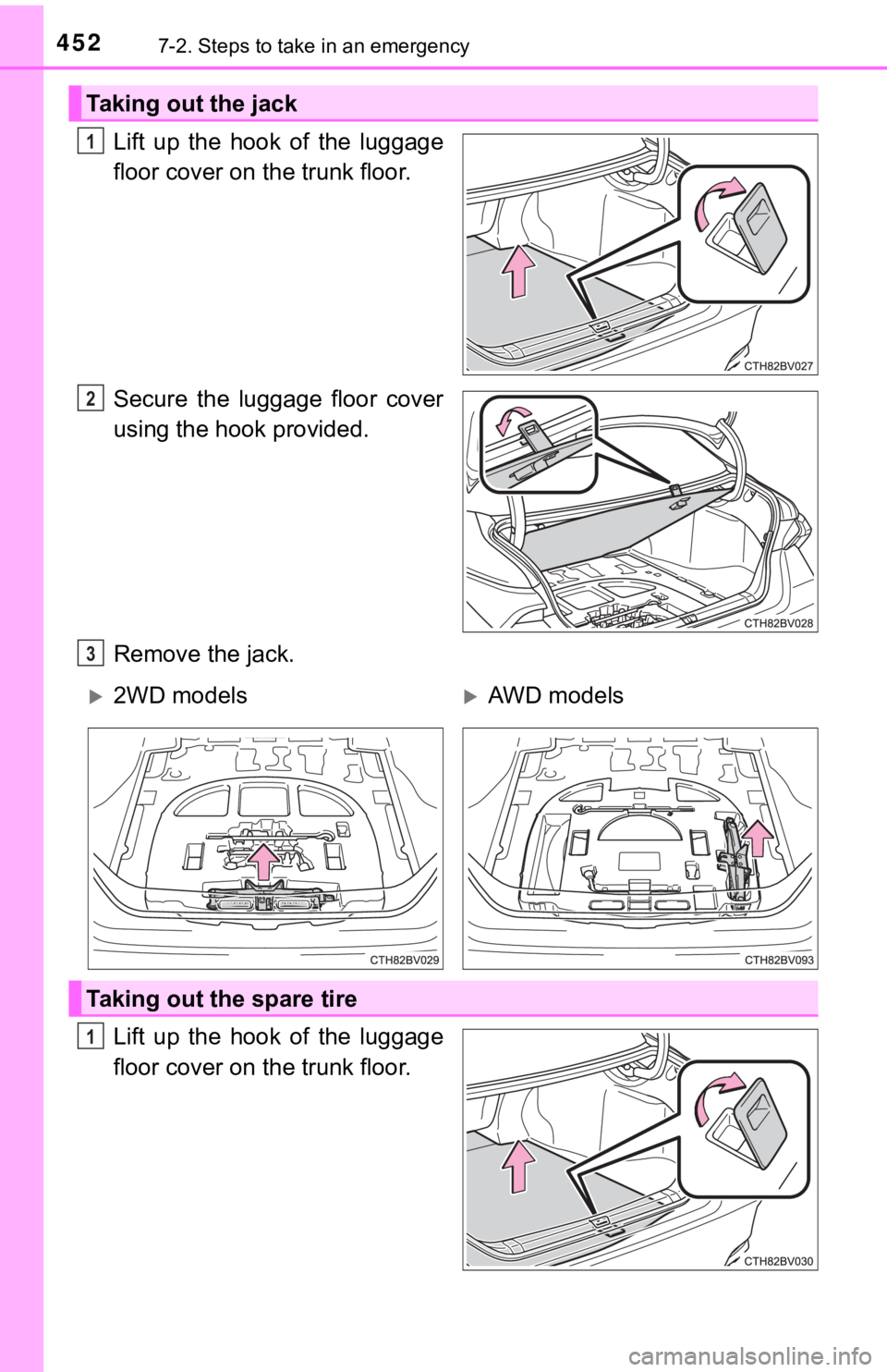 TOYOTA AVALON 2021 Owners Manual (in English) 4527-2. Steps to take in an emergency
Lift up the hook of the luggage
floor cover on the trunk floor.
Secure the luggage floor cover
using the hook provided.
Remove the jack.
Lift up the TOYOTA AVALON 2021 Owners Manual (in English) 4527-2. Steps to take in an emergency
Lift up the hook of the luggage
floor cover on the trunk floor.
Secure the luggage floor cover
using the hook provided.
Remove the jack.
Lift up the