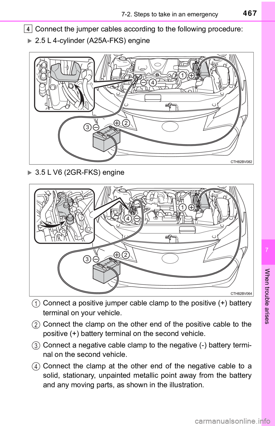 TOYOTA AVALON 2021 Owners Manual (in English) 4677-2. Steps to take in an emergency
7
When trouble arises
Connect the jumper cables according to the following procedure:
2.5 L 4-cylinder (A25A-FKS) engine
3.5 L V6 (2GR-FKS) engine
Connect a TOYOTA AVALON 2021 Owners Manual (in English) 4677-2. Steps to take in an emergency
7
When trouble arises
Connect the jumper cables according to the following procedure:
2.5 L 4-cylinder (A25A-FKS) engine
3.5 L V6 (2GR-FKS) engine
Connect a