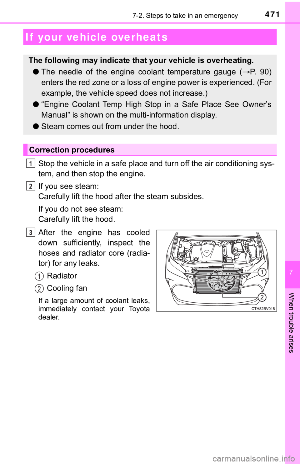 TOYOTA AVALON 2021  Owners Manual (in English) 4717-2. Steps to take in an emergency
7
When trouble arises
Stop the vehicle in a safe place and turn off the air conditioning sys-
tem, and then stop the engine.
If you see steam: 
Carefully lift the
