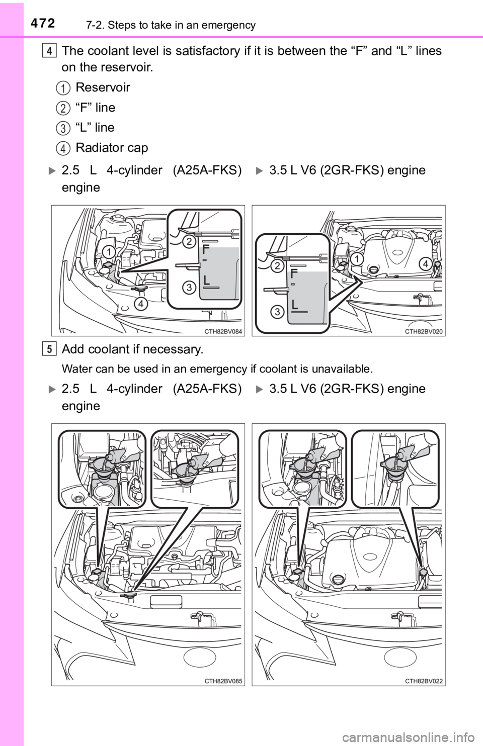 TOYOTA AVALON 2021 Owners Manual (in English) 4727-2. Steps to take in an emergency
The coolant level is satisfactory if it is between the “F” and “L” lines
on the reservoir.
Reservoir
“F” line
“L” line
Radiator cap
Add coolant if TOYOTA AVALON 2021 Owners Manual (in English) 4727-2. Steps to take in an emergency
The coolant level is satisfactory if it is between the “F” and “L” lines
on the reservoir.
Reservoir
“F” line
“L” line
Radiator cap
Add coolant if