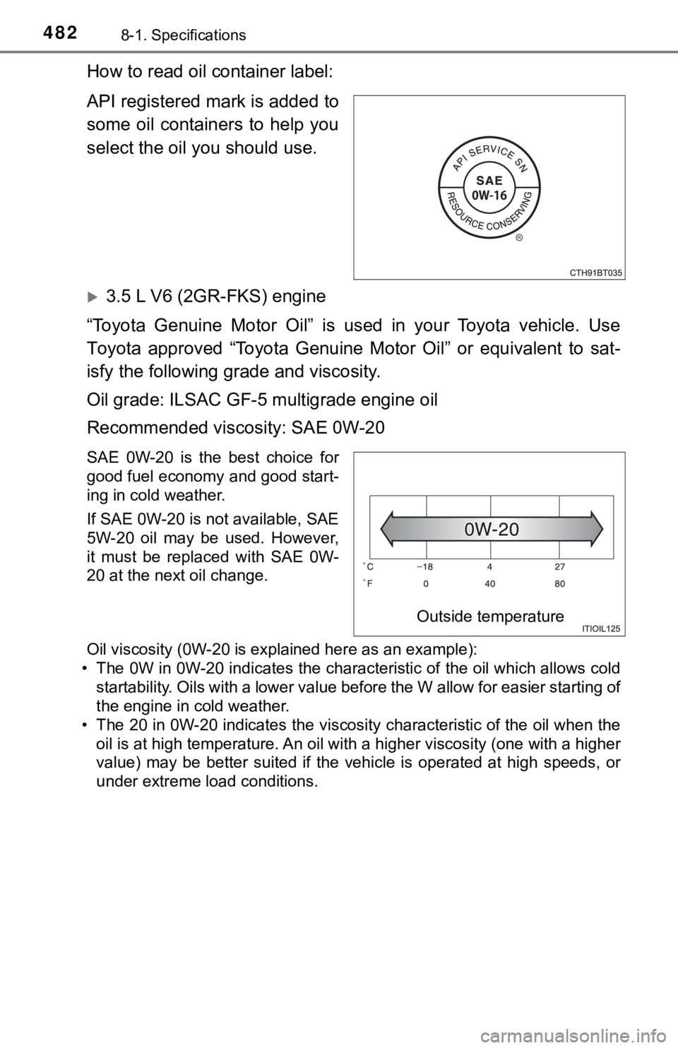 TOYOTA AVALON 2021 Owners Manual (in English) 4828-1. Specifications
How to read oil container label:
API registered mark is added to
some oil containers to help you
select the oil you should use.
3.5 L V6 (2GR-FKS) engine
“Toyota Genui TOYOTA AVALON 2021 Owners Manual (in English) 4828-1. Specifications
How to read oil container label:
API registered mark is added to
some oil containers to help you
select the oil you should use.
3.5 L V6 (2GR-FKS) engine
“Toyota Genui