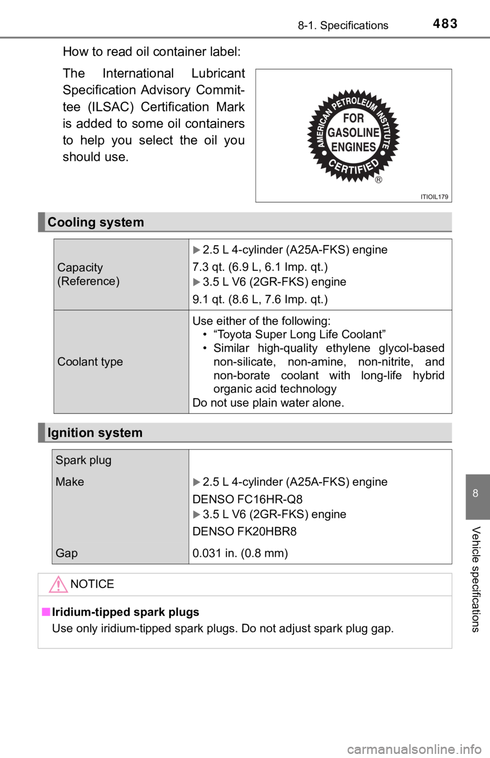 TOYOTA AVALON 2021 Owners Manual (in English) 4838-1. Specifications
8
Vehicle specifications
How to read oil container label:
The International Lubricant
Specification Advisory Commit-
tee (ILSAC) Certification Mark
is added to some oil TOYOTA AVALON 2021 Owners Manual (in English) 4838-1. Specifications
8
Vehicle specifications
How to read oil container label:
The International Lubricant
Specification Advisory Commit-
tee (ILSAC) Certification Mark
is added to some oil