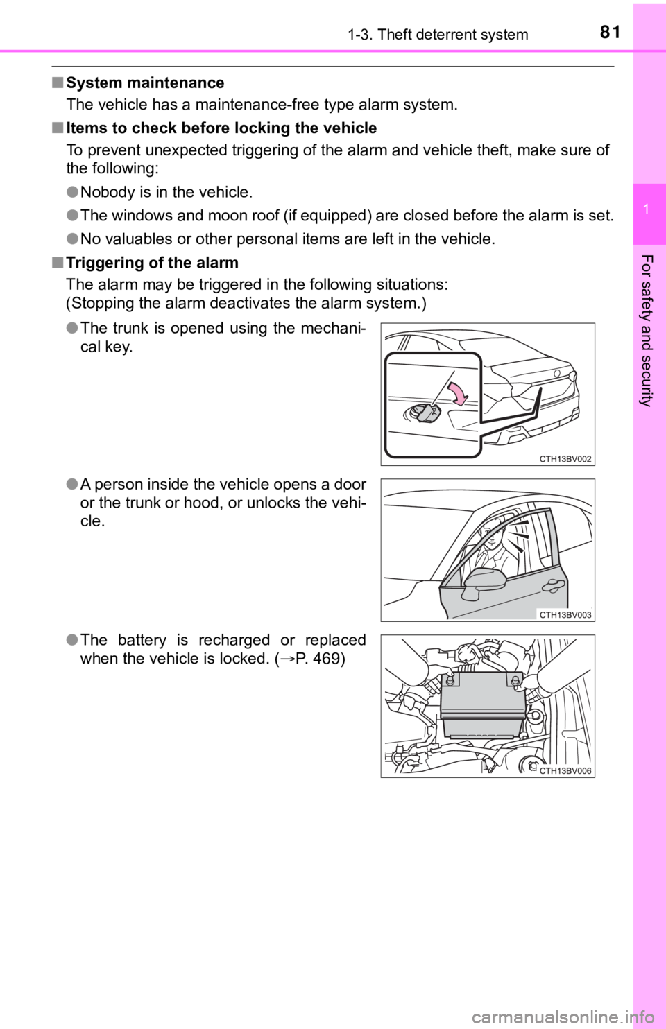 TOYOTA AVALON 2021 Owners Manual (in English) 811-3. Theft deterrent system
1
For safety and security
■System maintenance
The vehicle has a maintenance-free type alarm system.
■Items to check before locking the vehicle
To prevent unexpected t TOYOTA AVALON 2021 Owners Manual (in English) 811-3. Theft deterrent system
1
For safety and security
■System maintenance
The vehicle has a maintenance-free type alarm system.
■Items to check before locking the vehicle
To prevent unexpected t