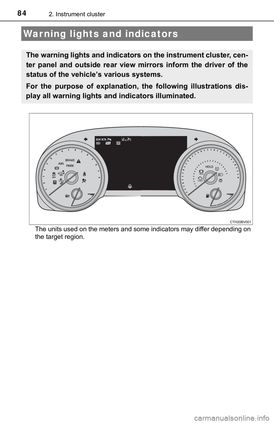 TOYOTA AVALON 2021 Owners Manual (in English) 842. Instrument cluster
The units used on the meters and some indicators may differ depending on
the target region.
Warning lights and indicators
The warning lights and indicators on the instrument cl TOYOTA AVALON 2021 Owners Manual (in English) 842. Instrument cluster
The units used on the meters and some indicators may differ depending on
the target region.
Warning lights and indicators
The warning lights and indicators on the instrument cl