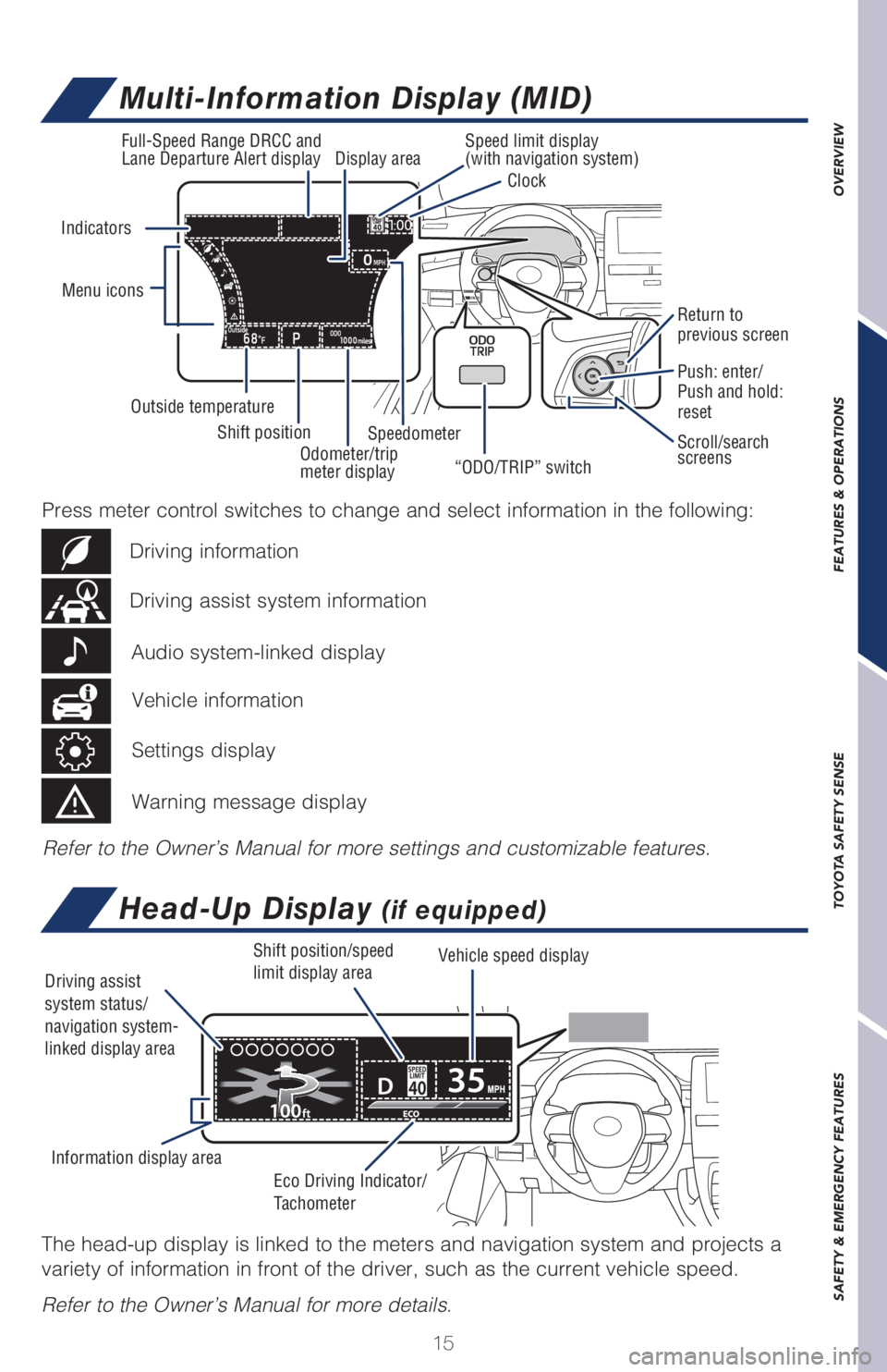 TOYOTA AVALON 2021 Owners Manual (in English) 15
OVERVIEW FEATURES & OPERATIONS TOYOTA SAFETY SENSE SAFETY & EMERGENCY FEATURES
Multi-Information Display (MID)
Head-Up Display (if equipped)
Refer to the Owner’s Manual for more settings and cust TOYOTA AVALON 2021 Owners Manual (in English) 15
OVERVIEW FEATURES & OPERATIONS TOYOTA SAFETY SENSE SAFETY & EMERGENCY FEATURES
Multi-Information Display (MID)
Head-Up Display (if equipped)
Refer to the Owner’s Manual for more settings and cust