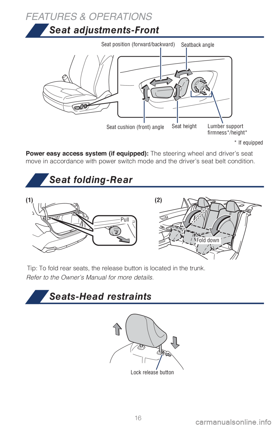TOYOTA AVALON 2021  Owners Manual (in English) 16
FEATURES & OPERATIONS
Seat adjustments-Front
Seat position (forward/backward)
Seat cushion (front) angleSeat height
* If equipped Lumber support 
firmness*/height* Seatback angle
Seats-Head restrai