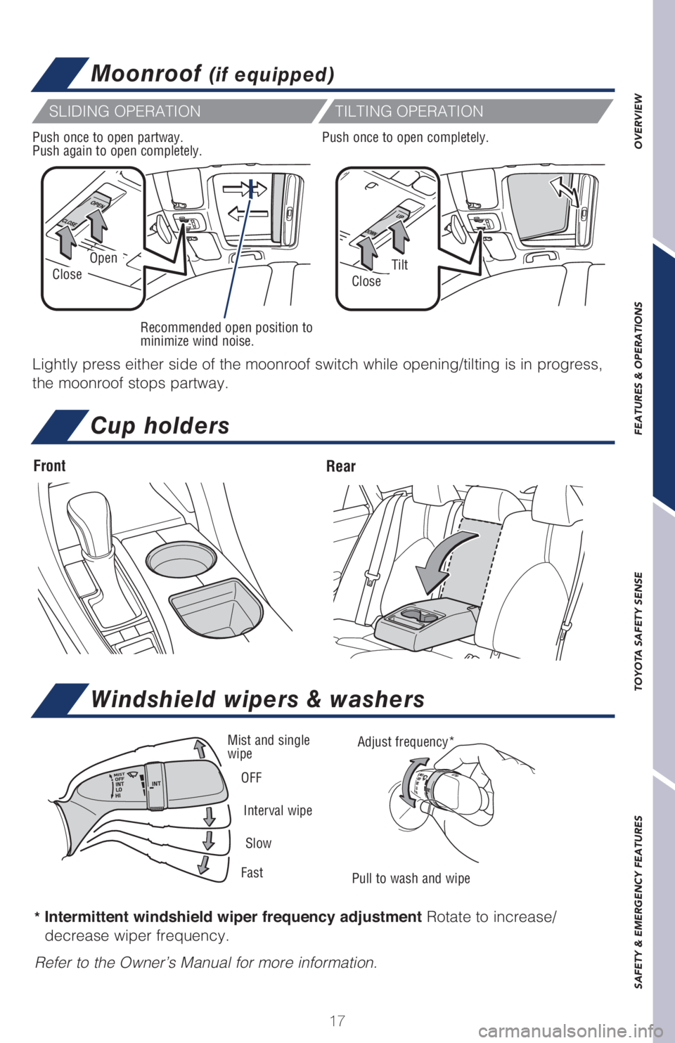 TOYOTA AVALON 2021   (in English) User Guide 17
OVERVIEW FEATURES & OPERATIONS TOYOTA SAFETY SENSE SAFETY & EMERGENCY FEATURES
Windshield wipers & washers
* Intermittent windshield wiper frequency adjustment Rotate to increase/
decrease wiper fr