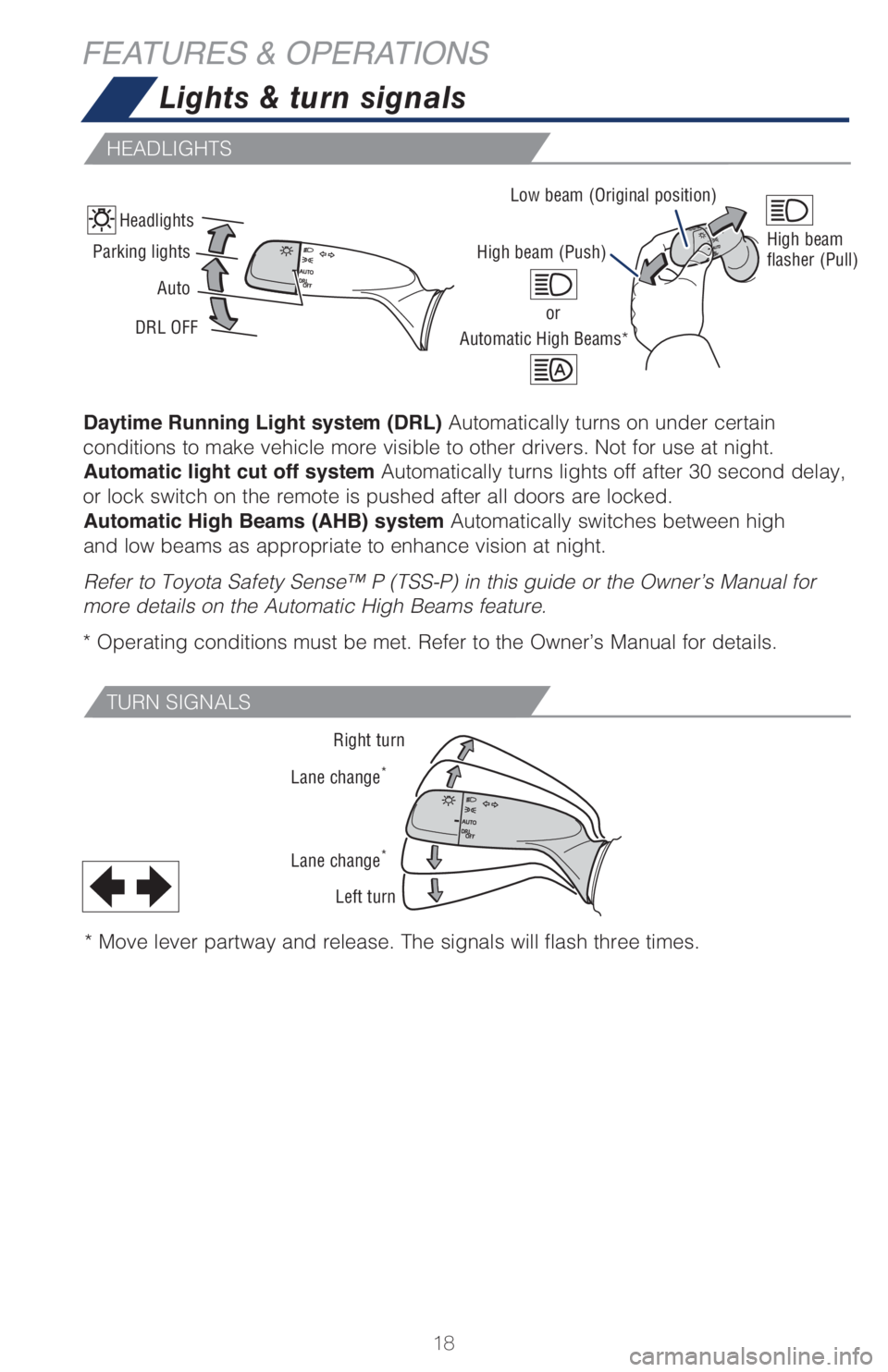 TOYOTA AVALON 2021   (in English) User Guide 18
FEATURES & OPERATIONS
Right turn
Lane change
*
Lane change*
Left turn
* Move lever partway and release. The signals will flash three times.
Low beam (Original position)
High beam (Push)
or
Automati